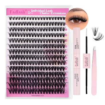 FADLASH Lash Clusters Kit 280PCS Natural Eyelash Clusters Individual D Curl Cluster Eyelash Extensions 8-16mm with Lash Bond and Seal Lash Tweezer for Beginners Soft Thin Band 40D-0.07D-8-16mm KIT