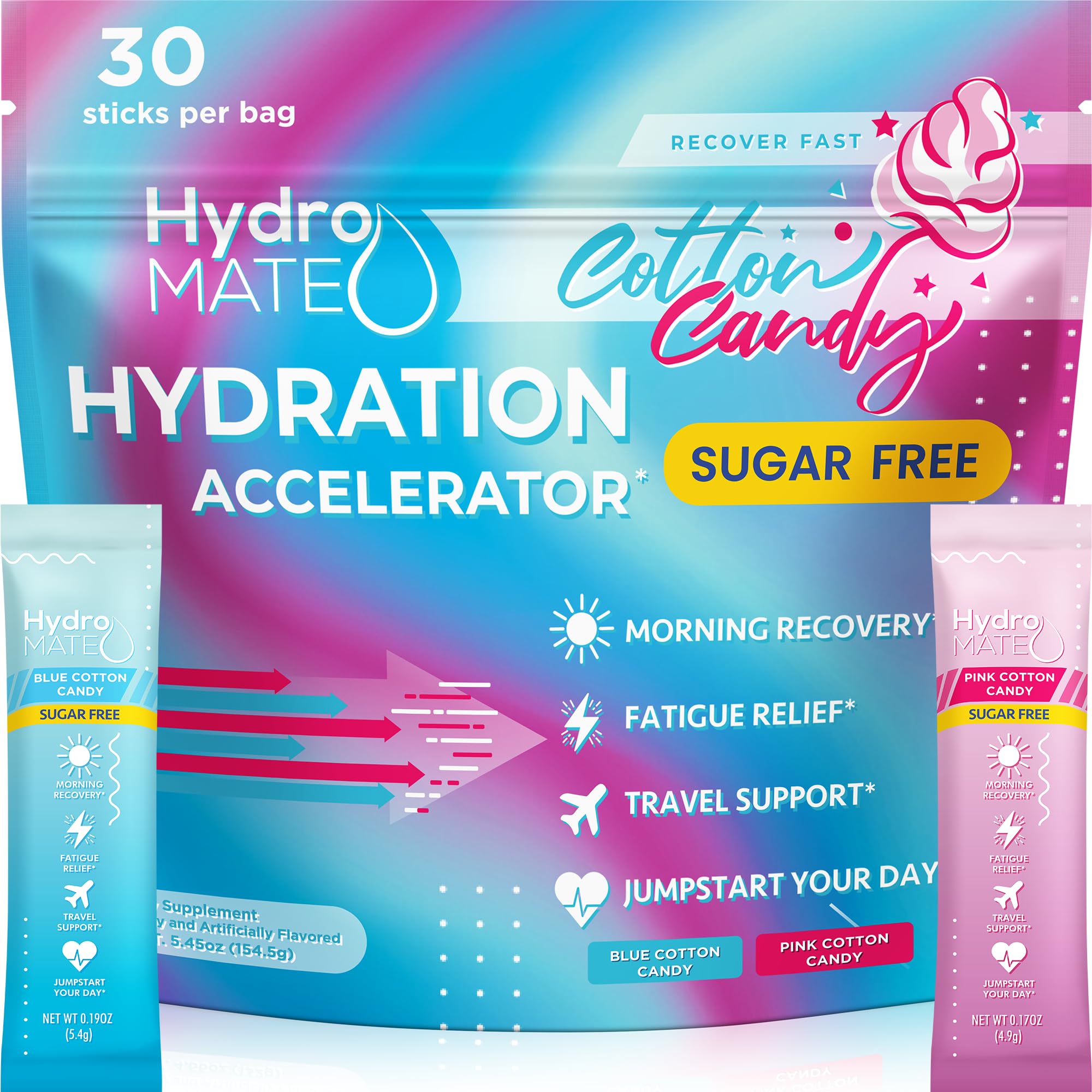 Polvo de electrolitos HydroMATE sin azúcar, algodón de azúcar - 30 sobres de hidratación instantánea con vitamina C para aumentar la energía - Electrolitos sin azúcar para favorecer la hidratación en la dieta cetogénica y la recuperación después de una fiesta