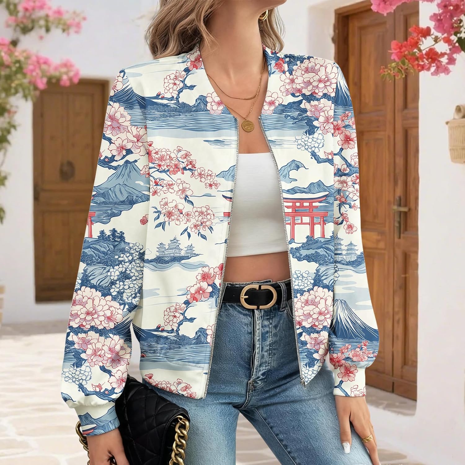 LIZALIG Women's Floral Print Bomber Jacket Casual Vintage Zip Coat Lightweight Long Sleeve Outwear Tops Windbreaker - Image 5