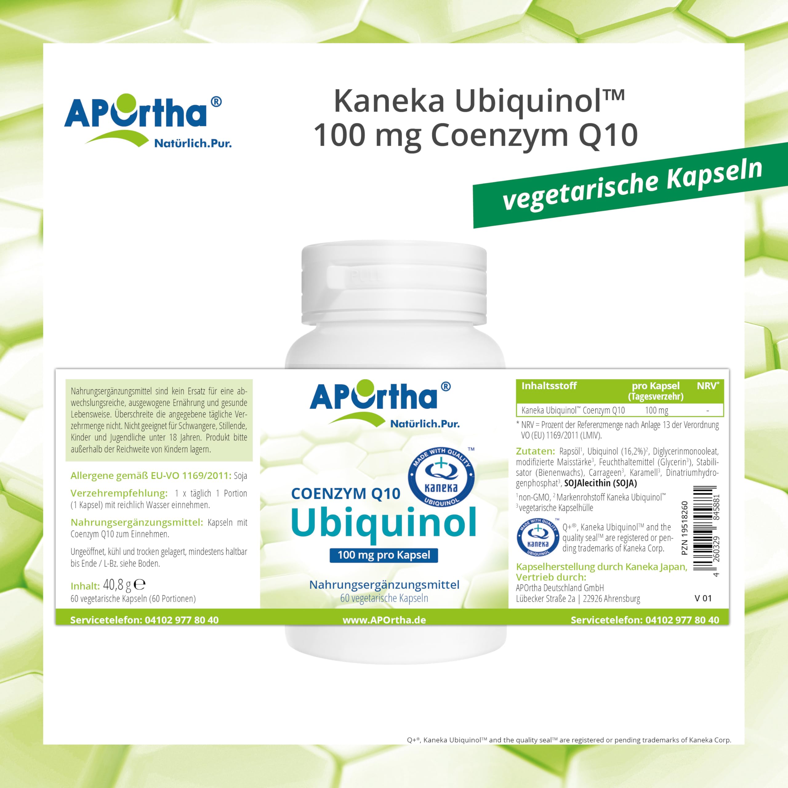 APOrtha Kaneka Ubiquinol Coenzym Q10 100 mg 60 vegetarische Kapseln, CoQ10 Kapseln hochdosiert 100mg, Hohe Bioverfügbarkeit durch bioaktives Ubiquinol, 2-fach Patentierter Rohstoff