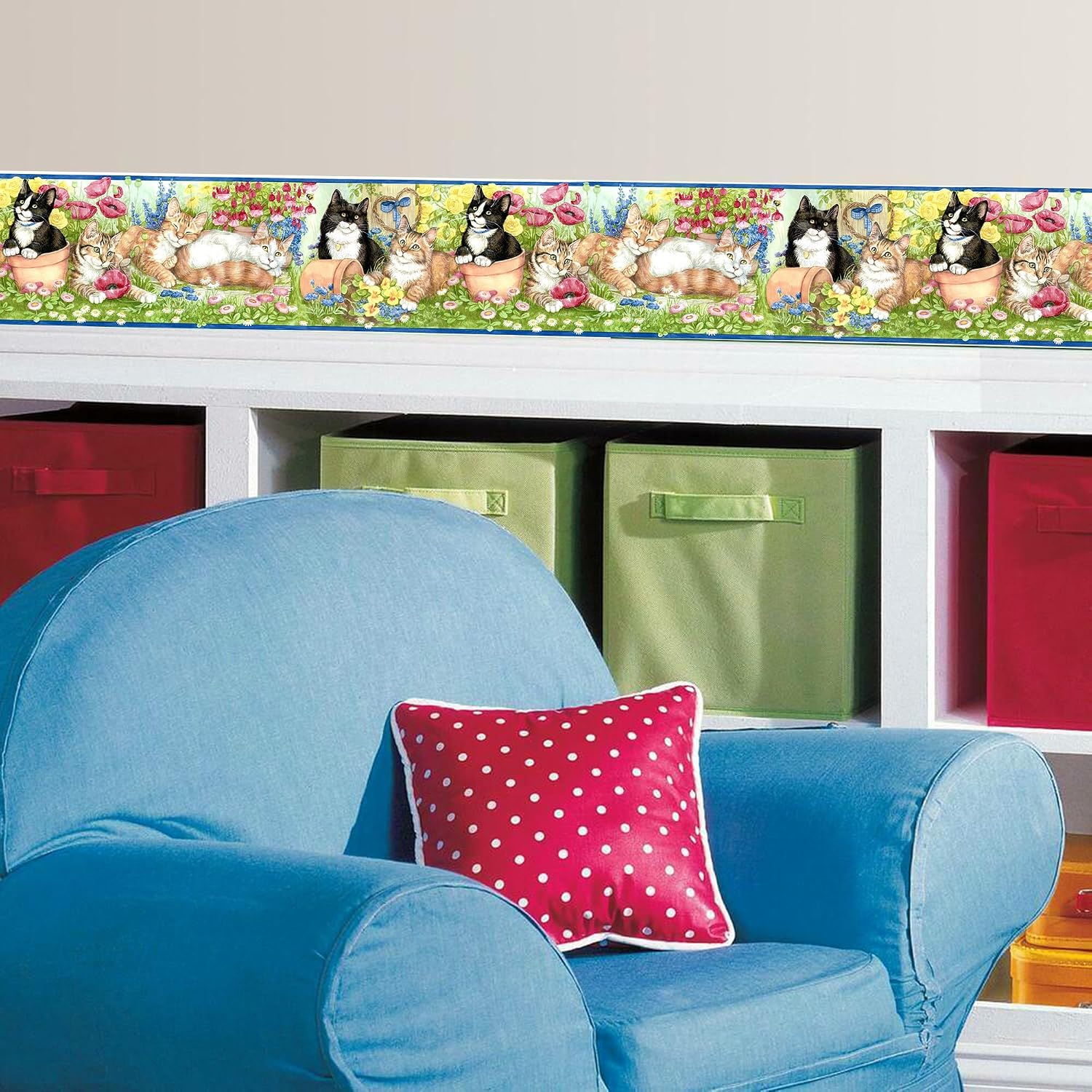 TRIMZ Wallpaper Border – Cute Cats in Flower Garden with Poppies & Daisies, Kids Bedroom & Nursery Animal Wall Decor, Pre-Pasted, 15 ft x 6.75 in