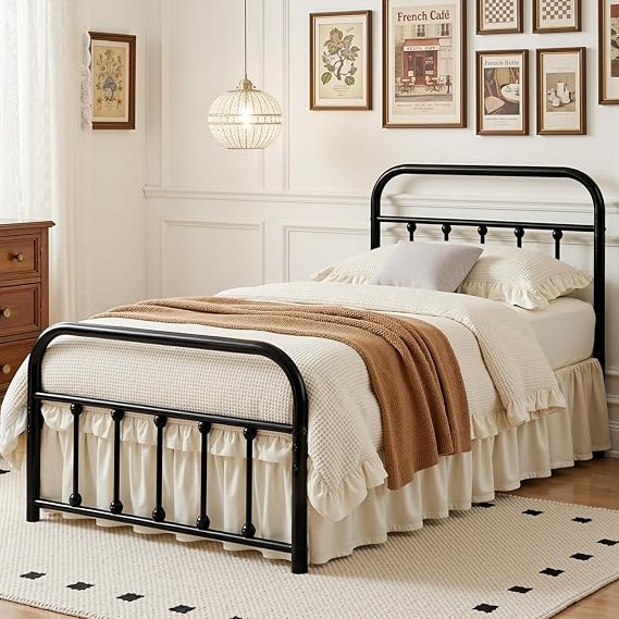 VECELO Single Metal Bed Frame with High Vintage Headboard, 90 x 200 cm Platform, Steel Slat Support, Underbed Storage, Easy Assembly, Black