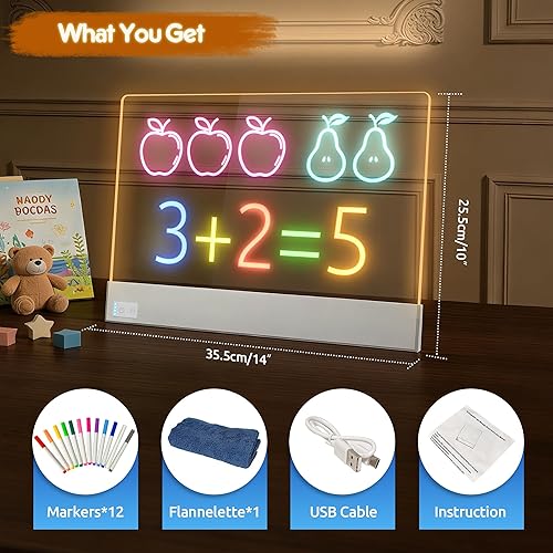 Miniatura 7 de Tablero de notas LED, tablero de dibujo LED Lumiboard de 13.7"x10" para niños, tablero acrílico recargable de borrado en seco con luz, soporte y 12