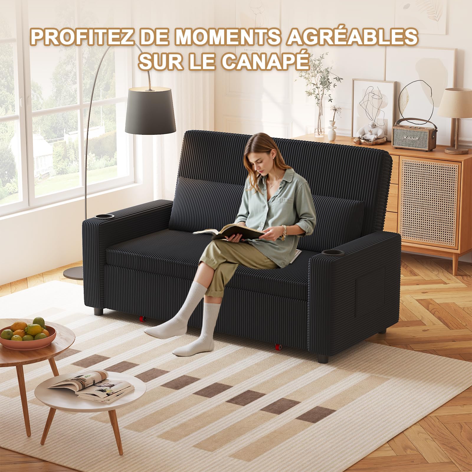 JUMMICO Canapé Convertible 2 Places Tissu côtelé, Dossier réglable, Causeuse Moderne 75×160×93 cm, Structure Solide 150 kg pour intérieur Contemporain,Couleur Bleu-Noir