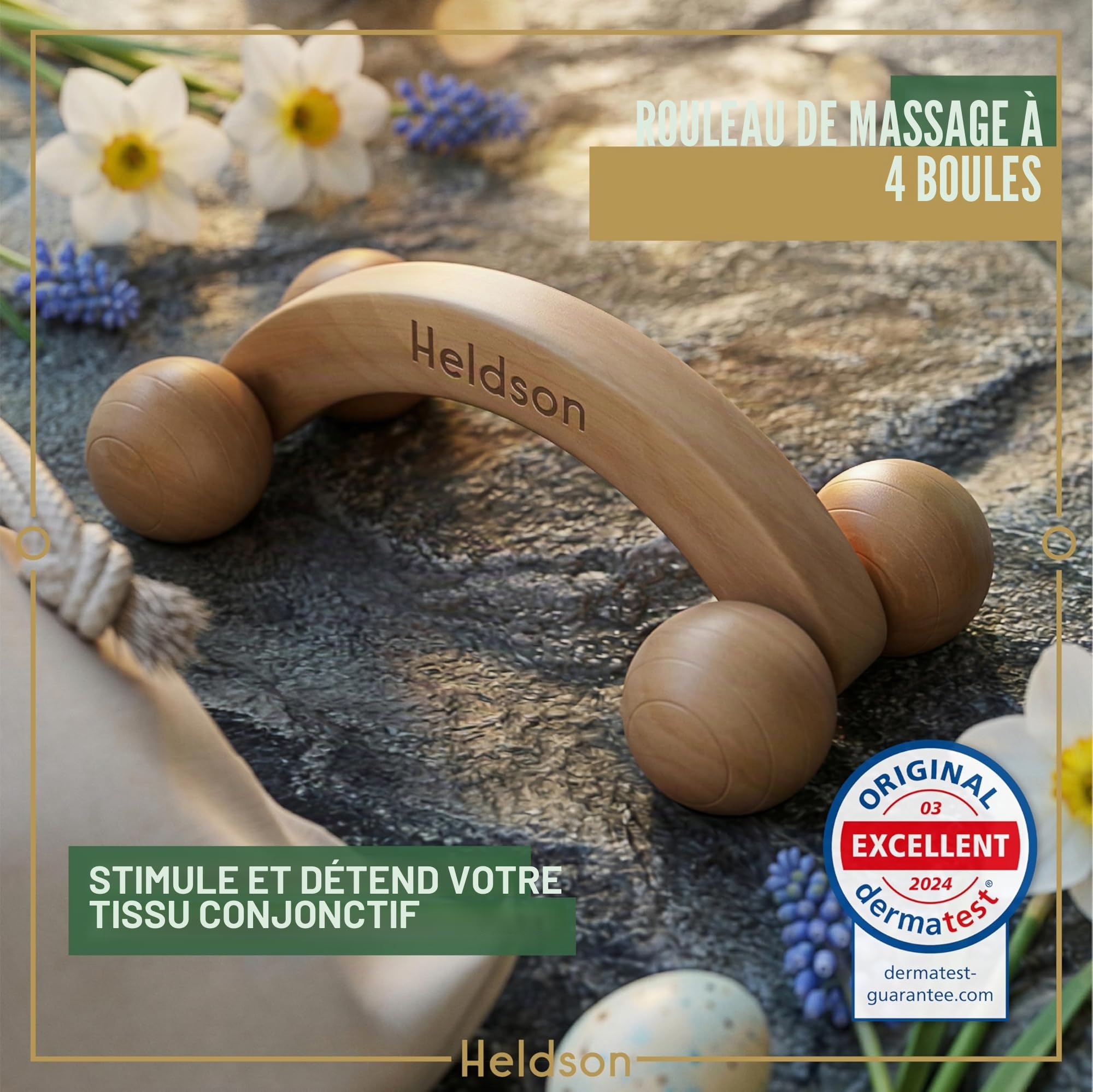 HELDSON® Kit de massage en bois de qualité supérieure [6 pièces] FSC® 100% – Outils pour massage des pieds et de la tête – Bouton de déclenchement