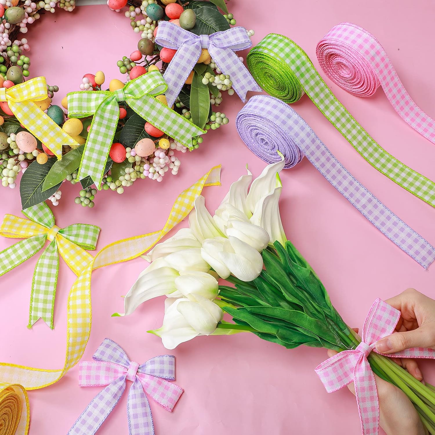 Xunyee Pastel Easter Plaid Fabric Ribbon Spring Gingham Wired Ribbon Ideal for DIY Crafts, Wreaths, Gift Wrapping & More(1" x 60 Yd,Bright Colors)