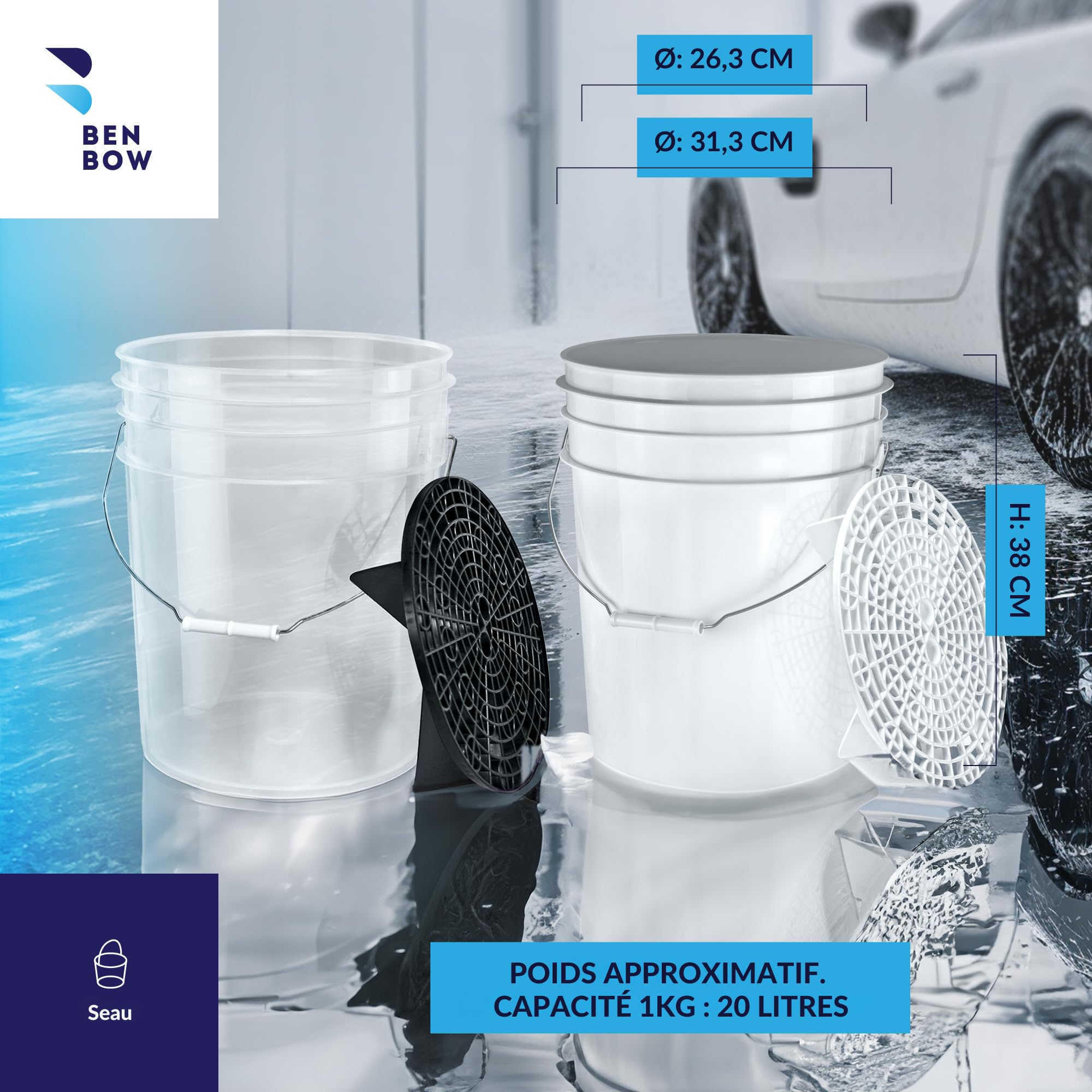 BenBow kit de Lavage Auto : 2 seaux de 20 litres avec 2 grilles de Lavage filtrantes et 2 couvercles de Seau - idéal pour Un Nettoyage Efficace et sans Rayures - Lavage à Deux seaux