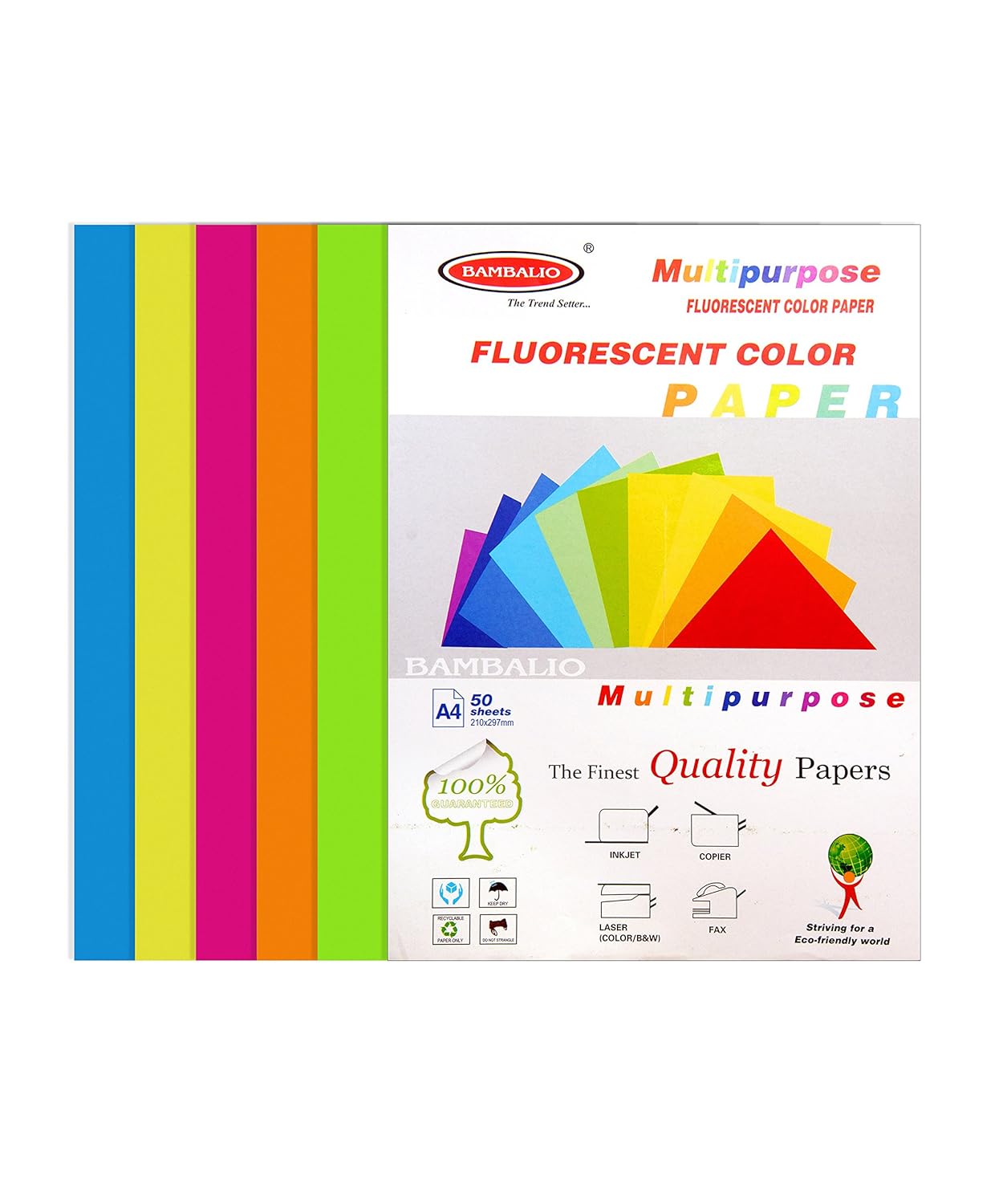 Bambalio Fluorescent Colour Paper Pack Of 200 Sheets Smooth Finish 80 Gsm/ A4 Size Mix Color