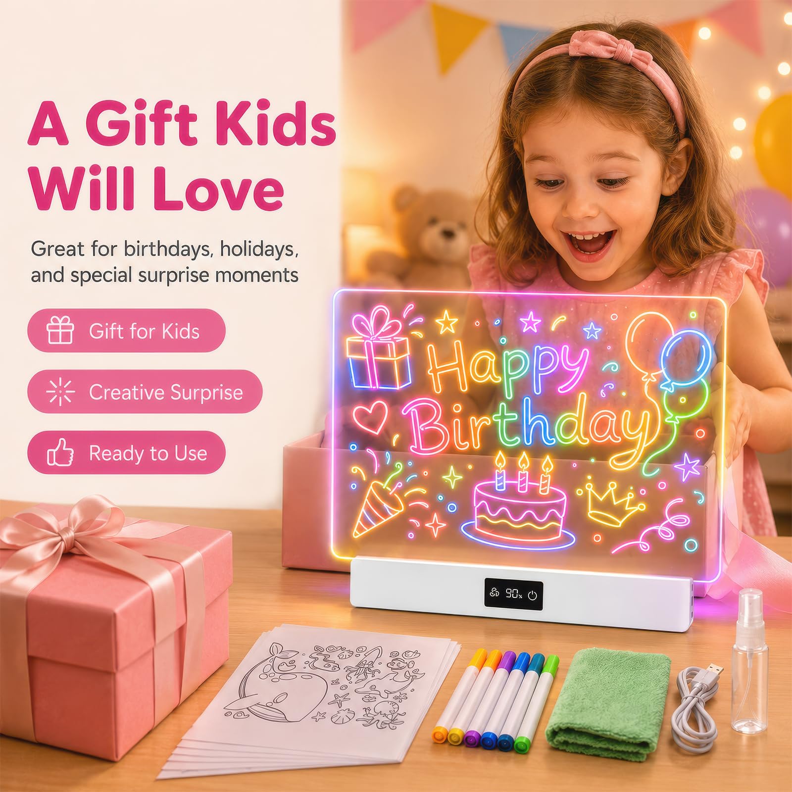 OUTON Lavagna Luminosa LED Bambini con 8 Colori e 3 Modalità di Luce, Tavoletta da Disegno Riutilizzabile con 7 Pennarelli e Modelli, Gioco Creativo per Bambina e Bambino, USB-C