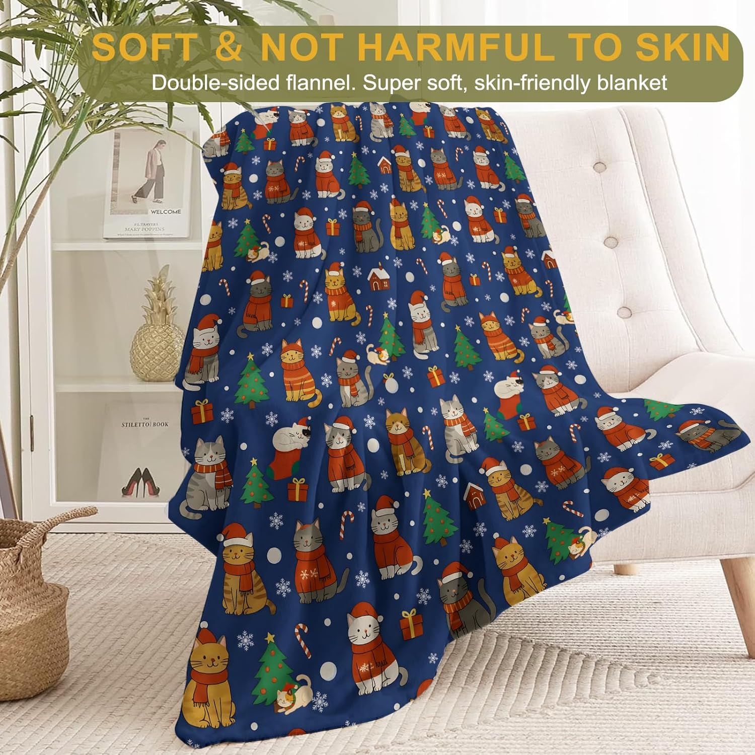 Cat Christmas Decorative Throw Blanket, Snowflake Candy Cane Print Decoration, Flannel Winter Blankets for Couch Bed Sofa, Holiday Home Decor, Xmas Festival Gifts for Kitten Lovers 40x50 in