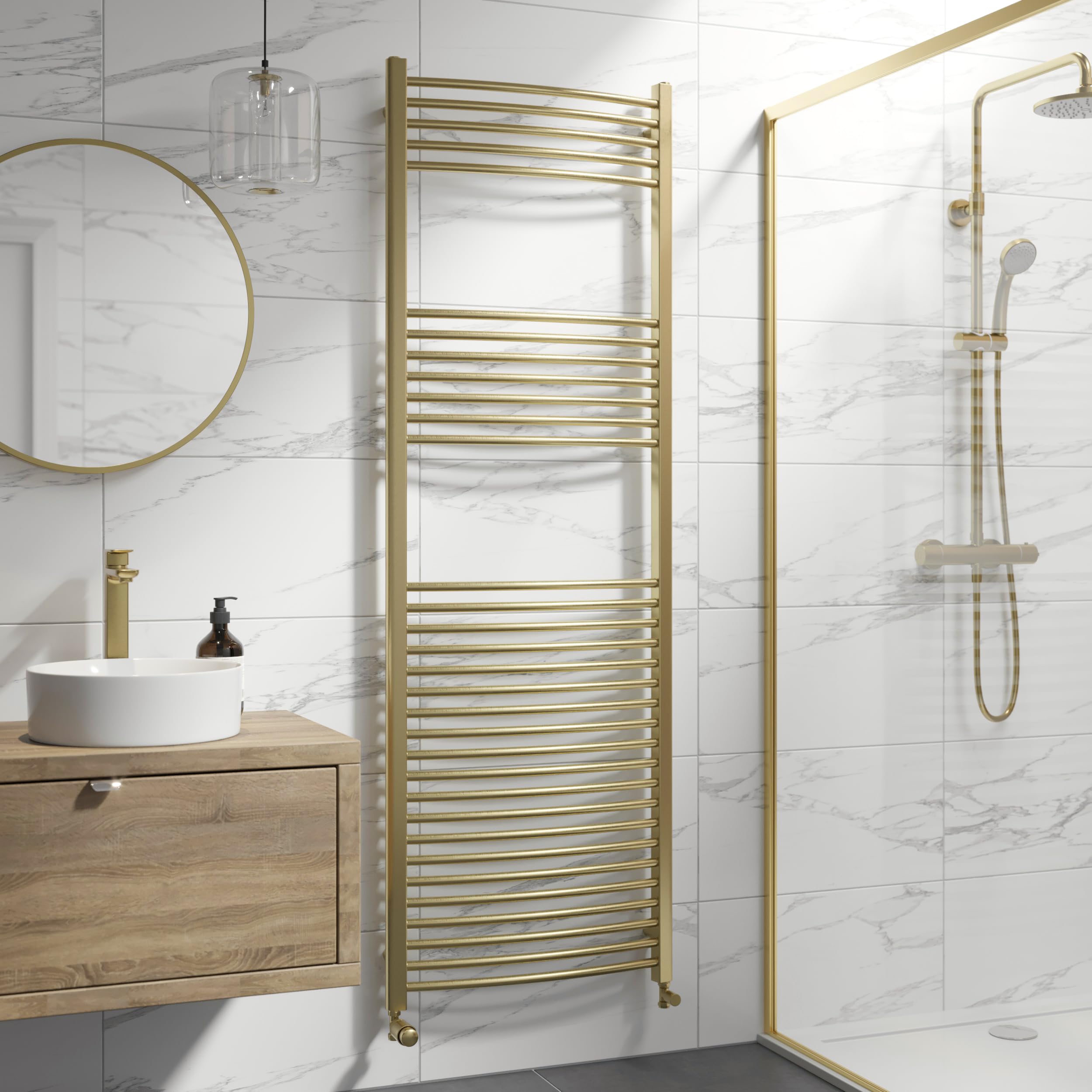 DuraTherm® 1800 x 600mm Curved Heated Towel Rail Radiator Modern Central Heating Bathroom Warmer Wall Mounted Ladder Rad, Brushed Brass