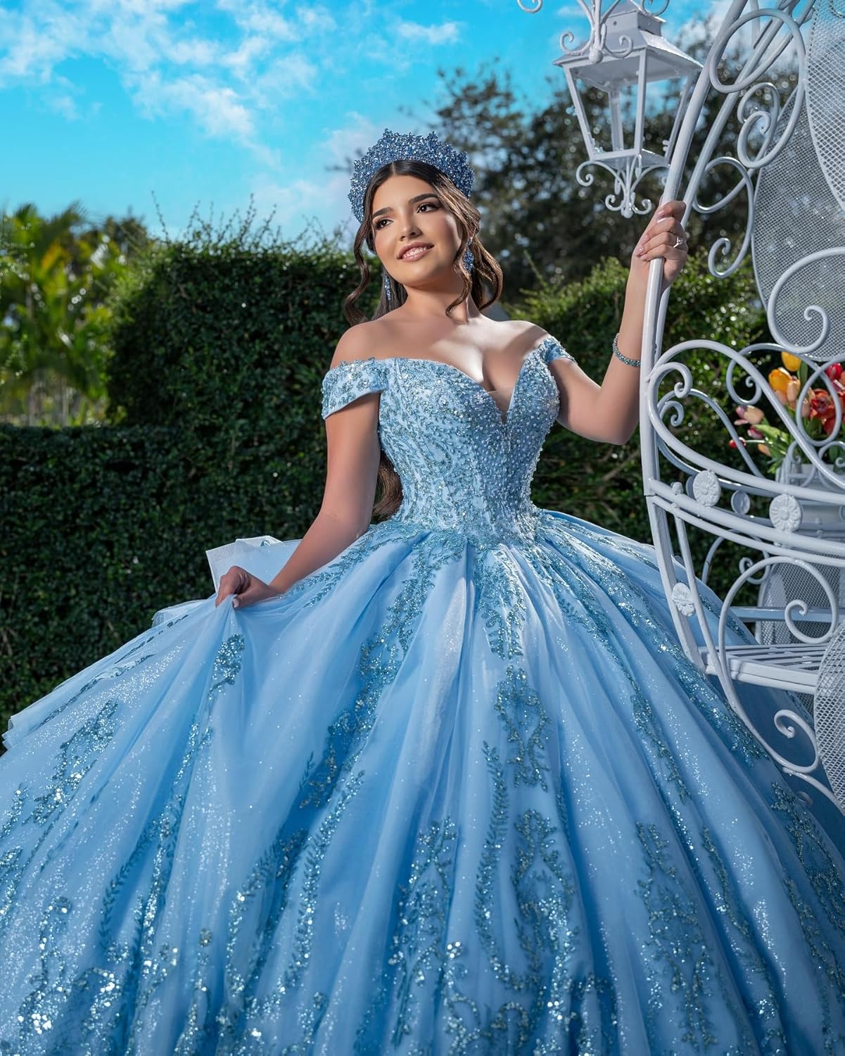 XYAYE Off Shoulder Tiered Quinceanera Dresses Lace Sequin Layered Tulle Sweet 16 Dresses Puffy Beaded Long Ball Gown