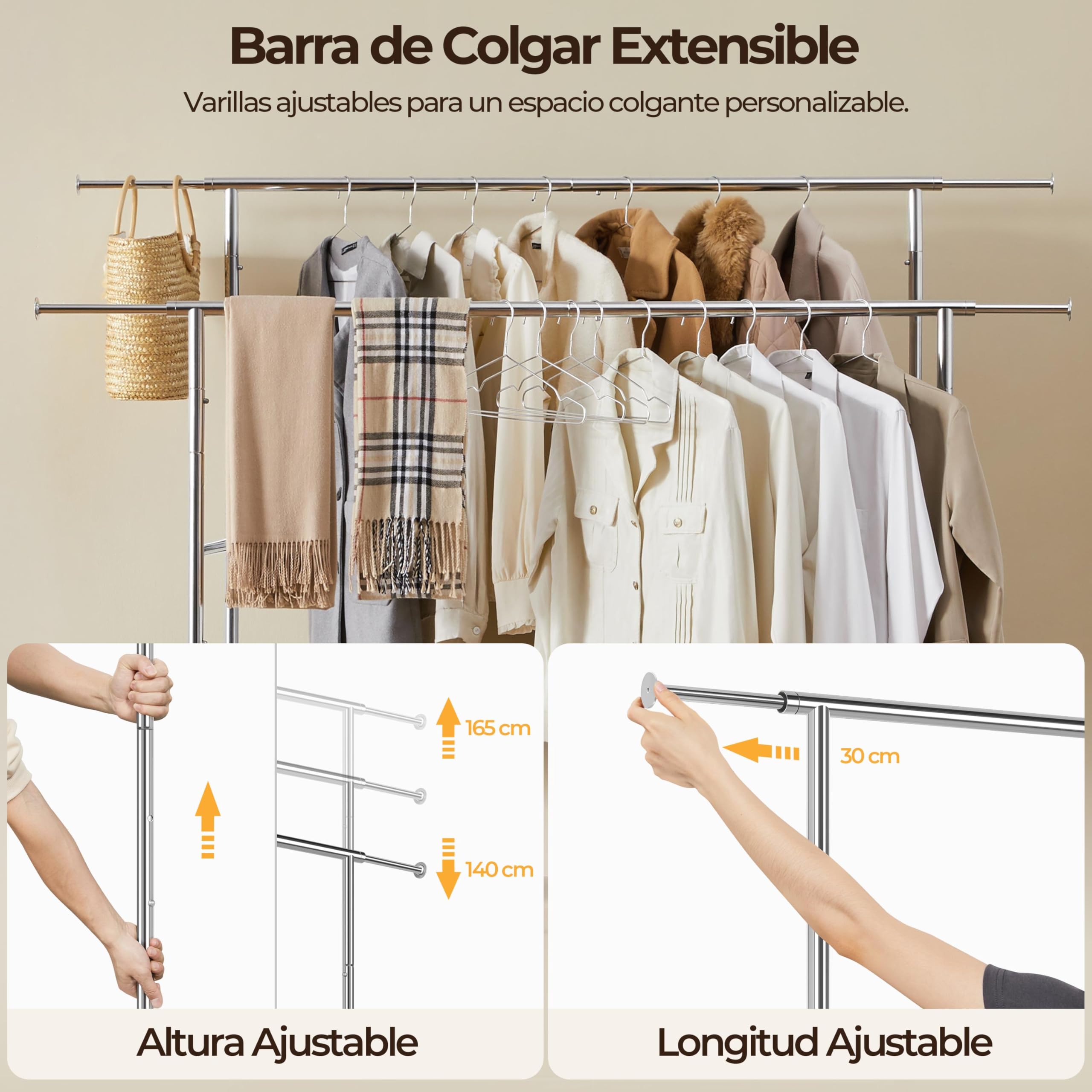 Yaheetech Perchero de Ropa con Ruedas Burro Ropa Resistente Ajustable Plata | 128-188cm Ancho 140-165cm Alto Doble Varilla Extensible Base para Zapatos Soporta 113kg