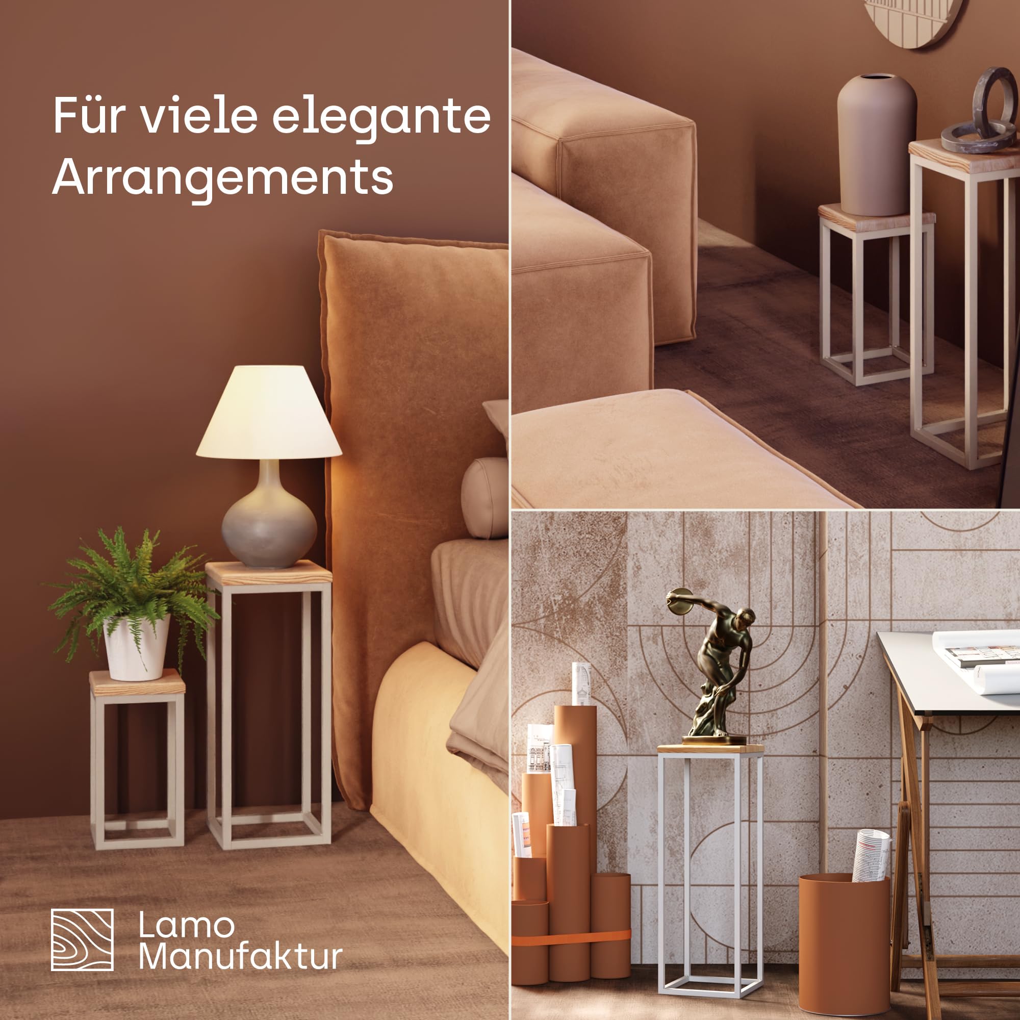 LAMO Manufaktur Pflanzenständer Set - 3 Stücke 30/50/70 cm | Blumenständer Weiss Metall | Blumenhocker Holz mit Natur Farbe | 100% Echtholz | Sockel für Zimmerpflanzen