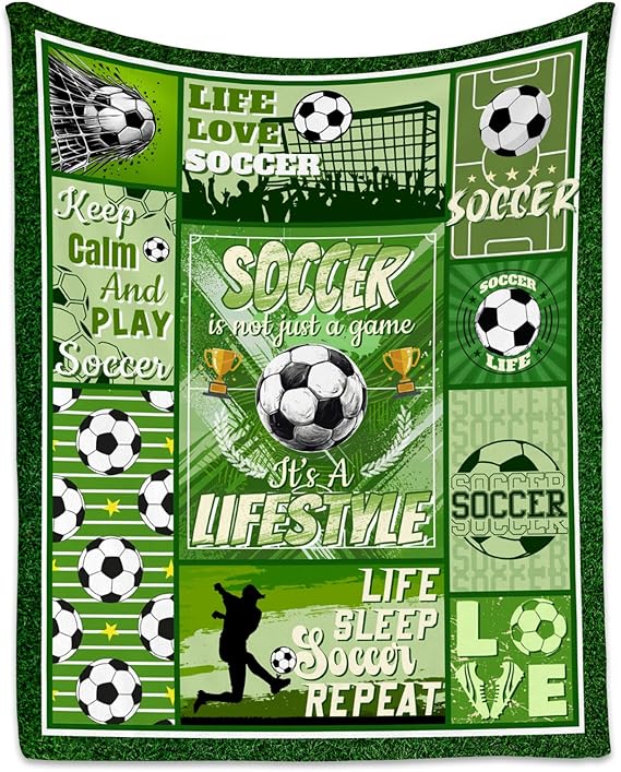Soccer Blanket - 40x50 Inches Sports Throw Blanket for Boys Kids - Green Soft Fuzzy Blankets for Couch, Sofa & Office