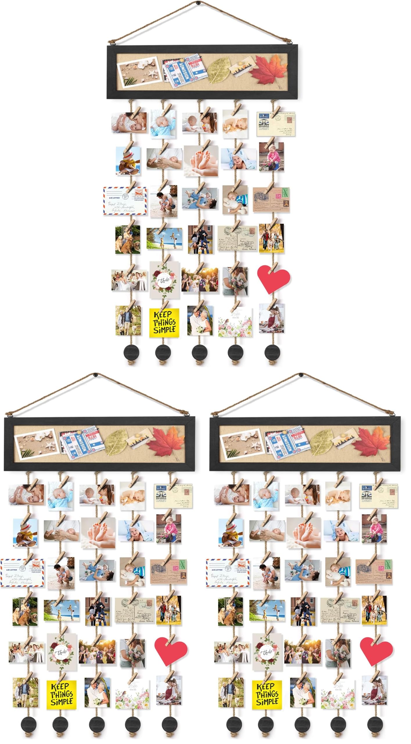 Bikoney Picture Frames Collage Wall Decor Hanging Photo Display Multi Pictures Organizer with Wood Bulletin Board Photo Board 30 Clips and 6 Pushpins for Home and Dorm Room Decor (Black) (Pack of 3)