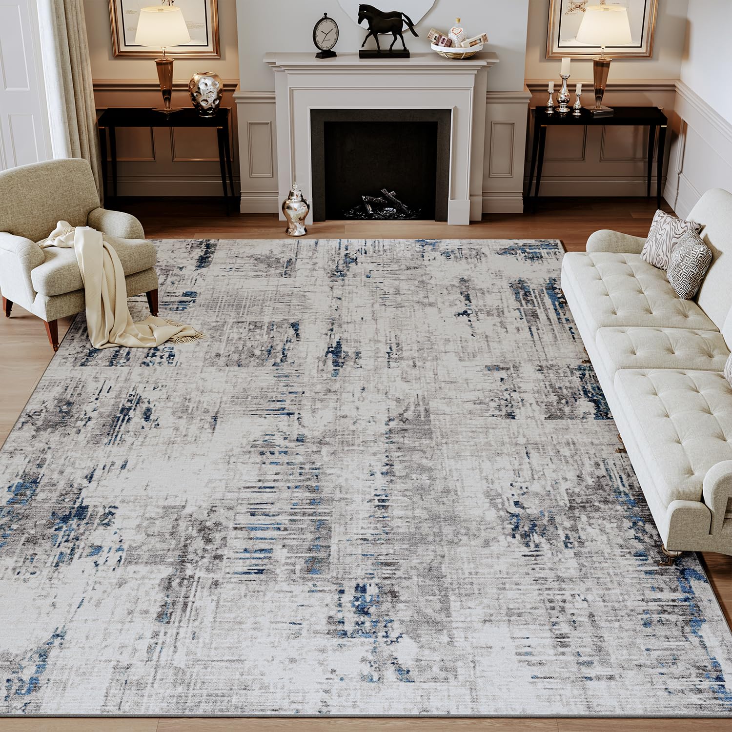 Blue Area Rug Carpet 9X12 Rugs for Living Room-Machine Washable Rugs for Bedroom Dining Room Living Room Modern Abstract Rug