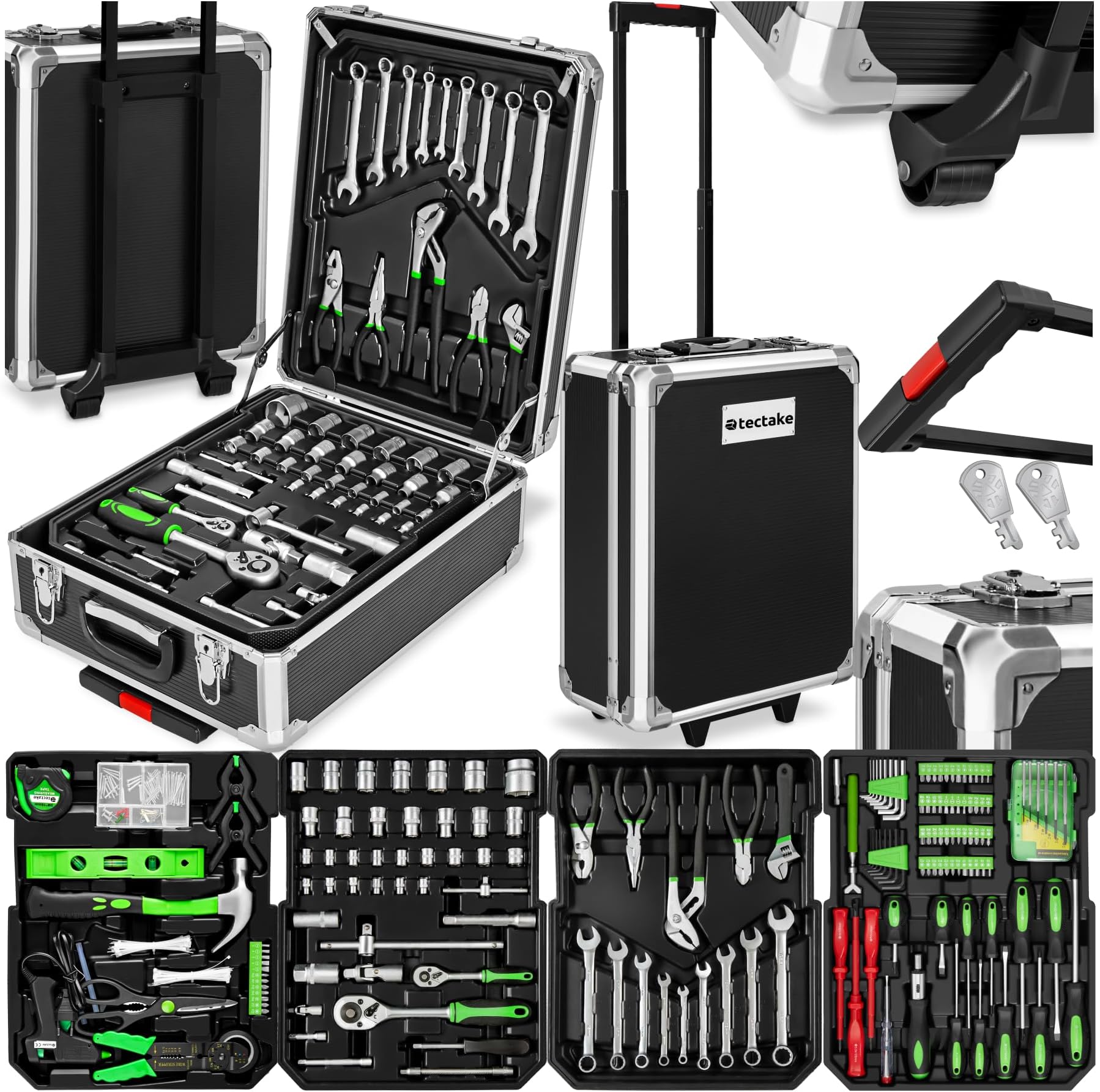 tectakeยฎ Portable Tool Box Trolley, 1,200-Piece Kit with 4 Drawers & Wheels, Essential DIY Tools Set, Home & Office Hand Tools, Mechanic Spanner Organiser, Home Improvement Starter Kit