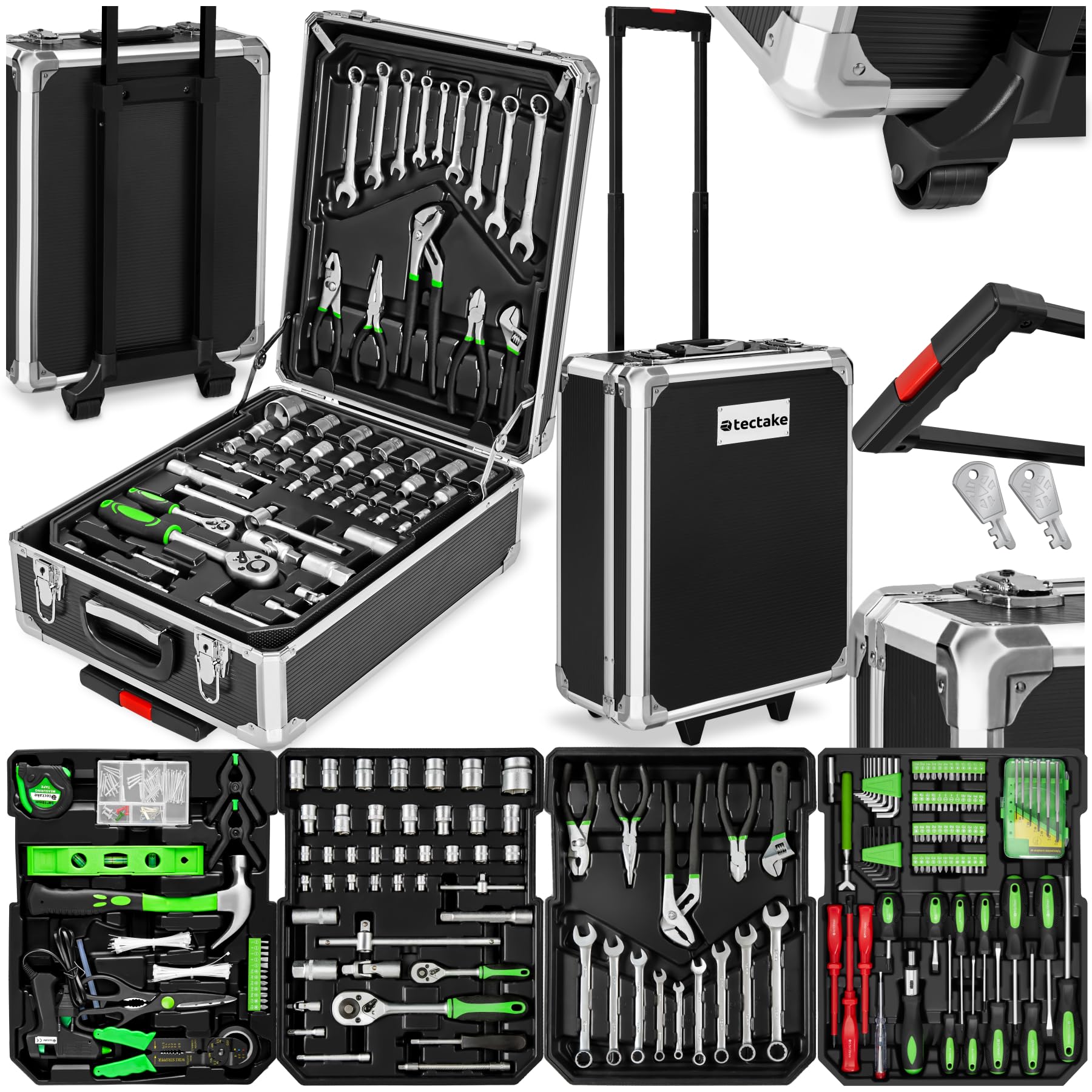 tectake® Maletín Herramientas Profesional con 1200 Piezas, Carro Herramientas con Asa Telescópica, Caja Herramientas Completa con 4 Niveles, Carro de Herramientas Taller Mecánico, Bricolaje - negro