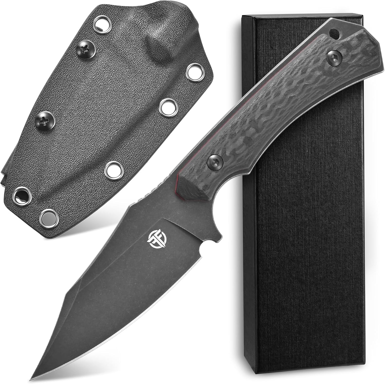 FF112 Fixed Blade Knife, AUS-10 Black Stonewashed Steel Carbon Fiber Handle Full Tang Knife with Sheath for Outdoor Camping Hunting Working (Black)