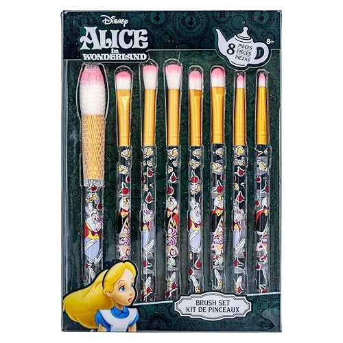 Disney Alicia en el País de las Maravillas Juego de 8 brochas de maquillaje para sombra de ojos, iluminador, rubor, pelo suave, kit de maquillaje