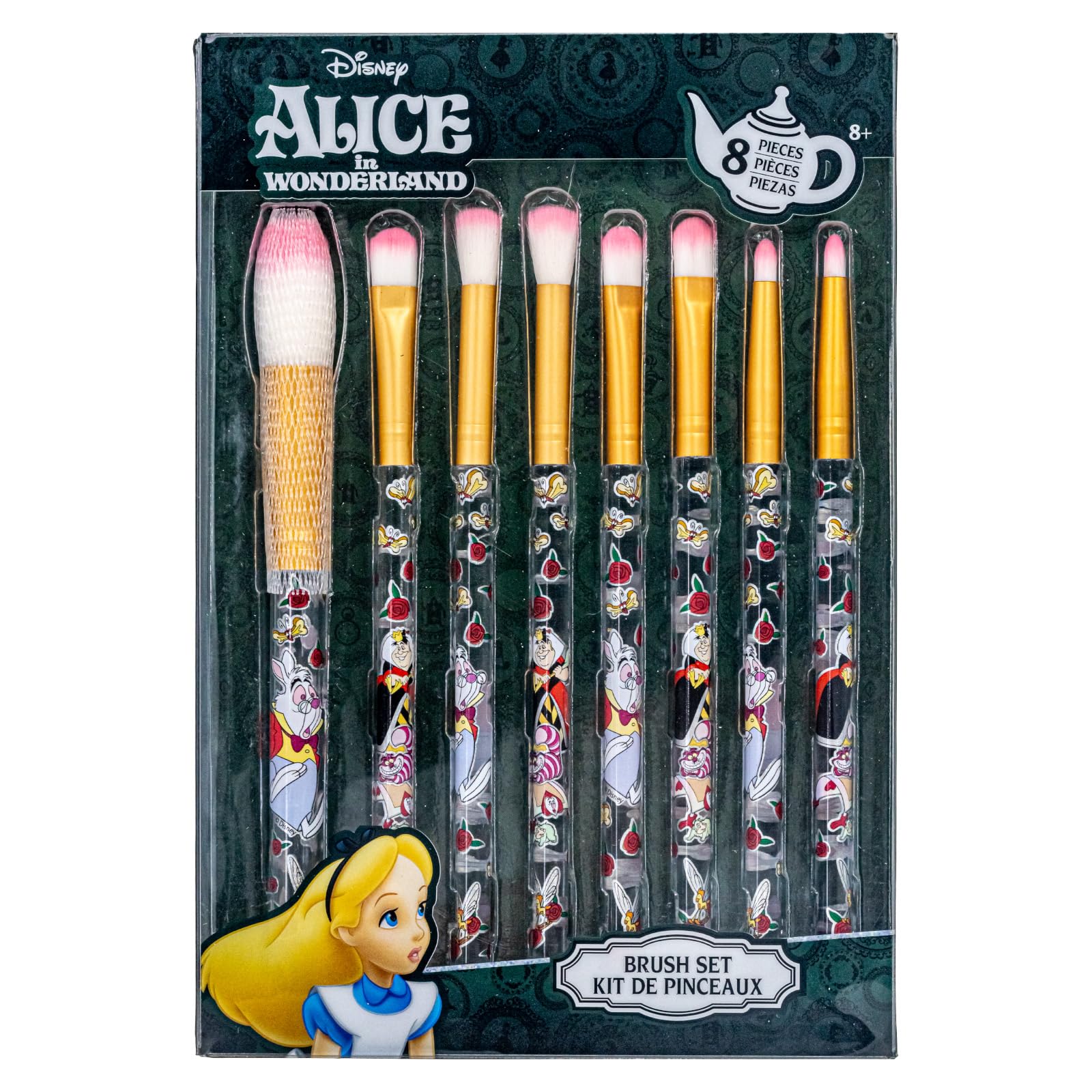 Alice in Wonderland 8-Piece Makeup Brushes Set for eyeshadow, highlighter, blush, Soft Hairs, Makeup Kit for Girls by Townley Girl