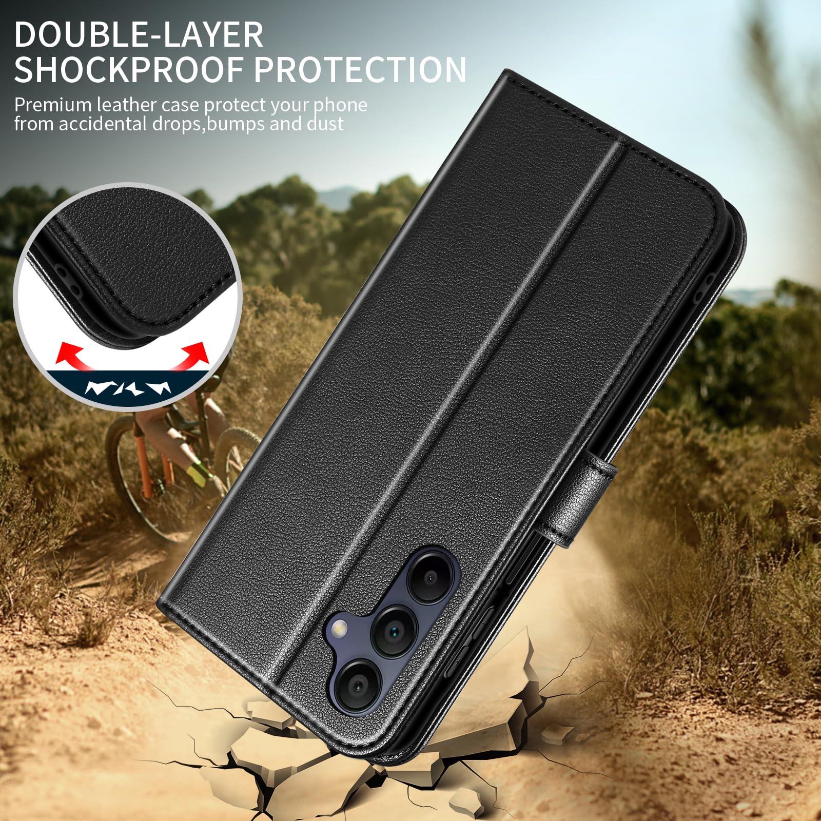 Cover per Samsung Galaxy A26 5G Custodia con 2 Vetro Temperato Pellicola a Libro Portafoglio in Pelle Porta Carte Case Protettiva Cover,Nero