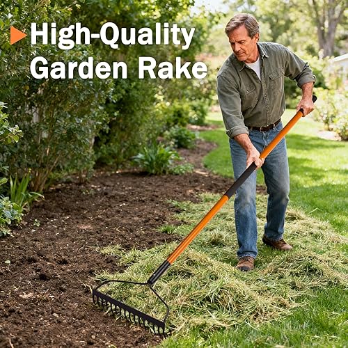 Miniatura 2 de Rastrillo de jardín - Rastrillo resistente de 14 dientes con mango de fibra de vidrio de 58 pulgadas