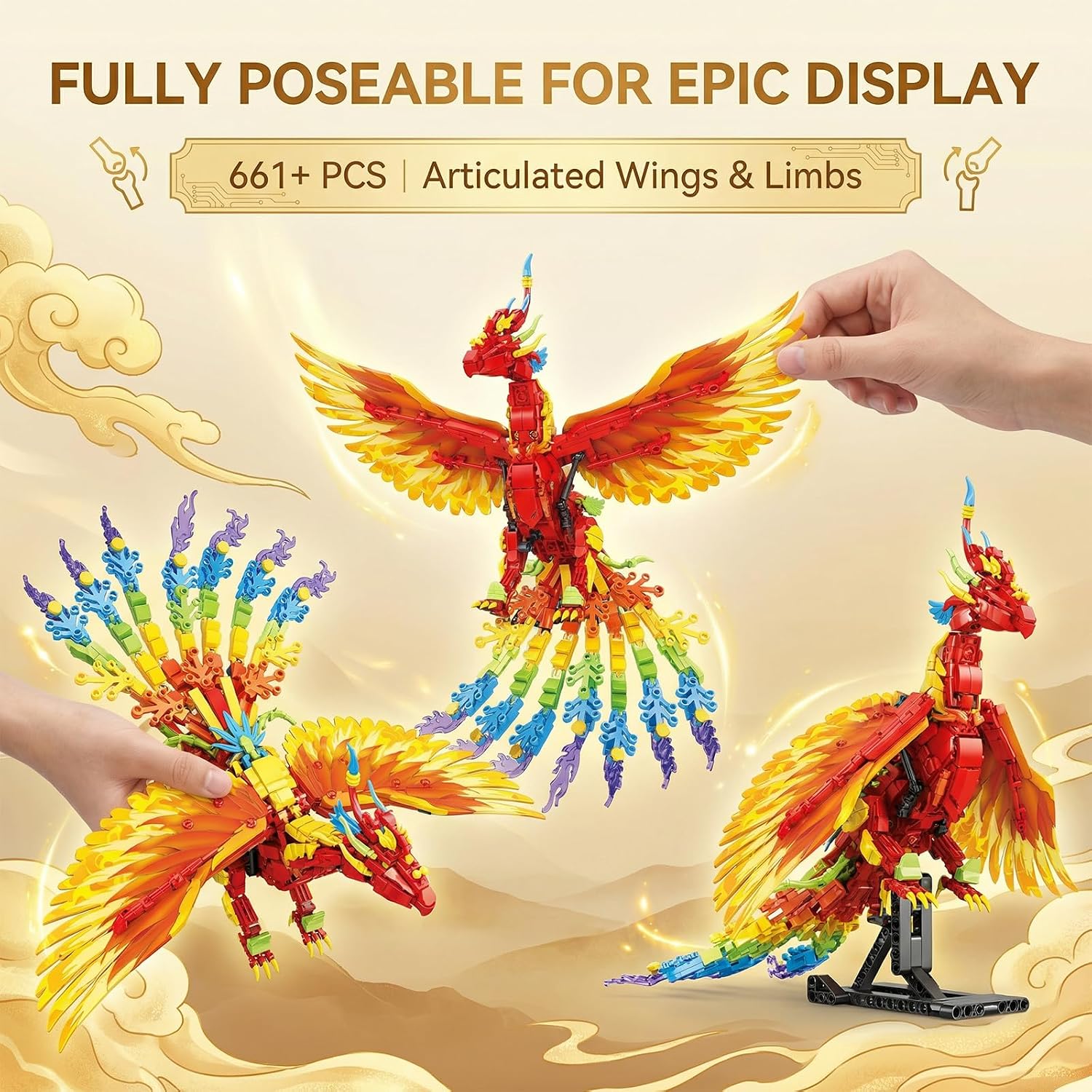 Fire Phoenix Building Block Set, 661 Pieces, Posable Mythical Creature Model with Display Stand & Canvas Wings, Collectible Decor for Home & Office, Compatible with Major Brands