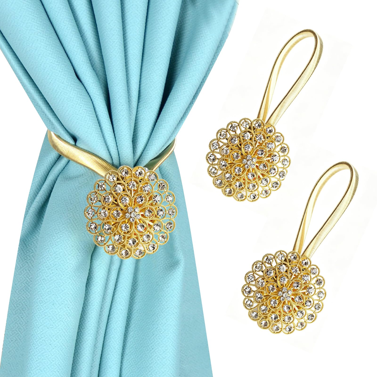 Curtain Tiebacks, 2 Pack Curtain Tie Backs, No Drilling Curtain Holdbacks Crystal Floral Decorative Drapery Curtains Buckle for Home Office Bedroom Living Room (Gold)