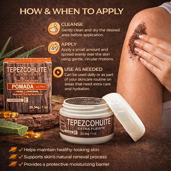 Tepezcohuite Pomada Extra Fuerte (28.34g) - Face & Body Cream with Vitamin E | Intensive Facial & Body Treatment