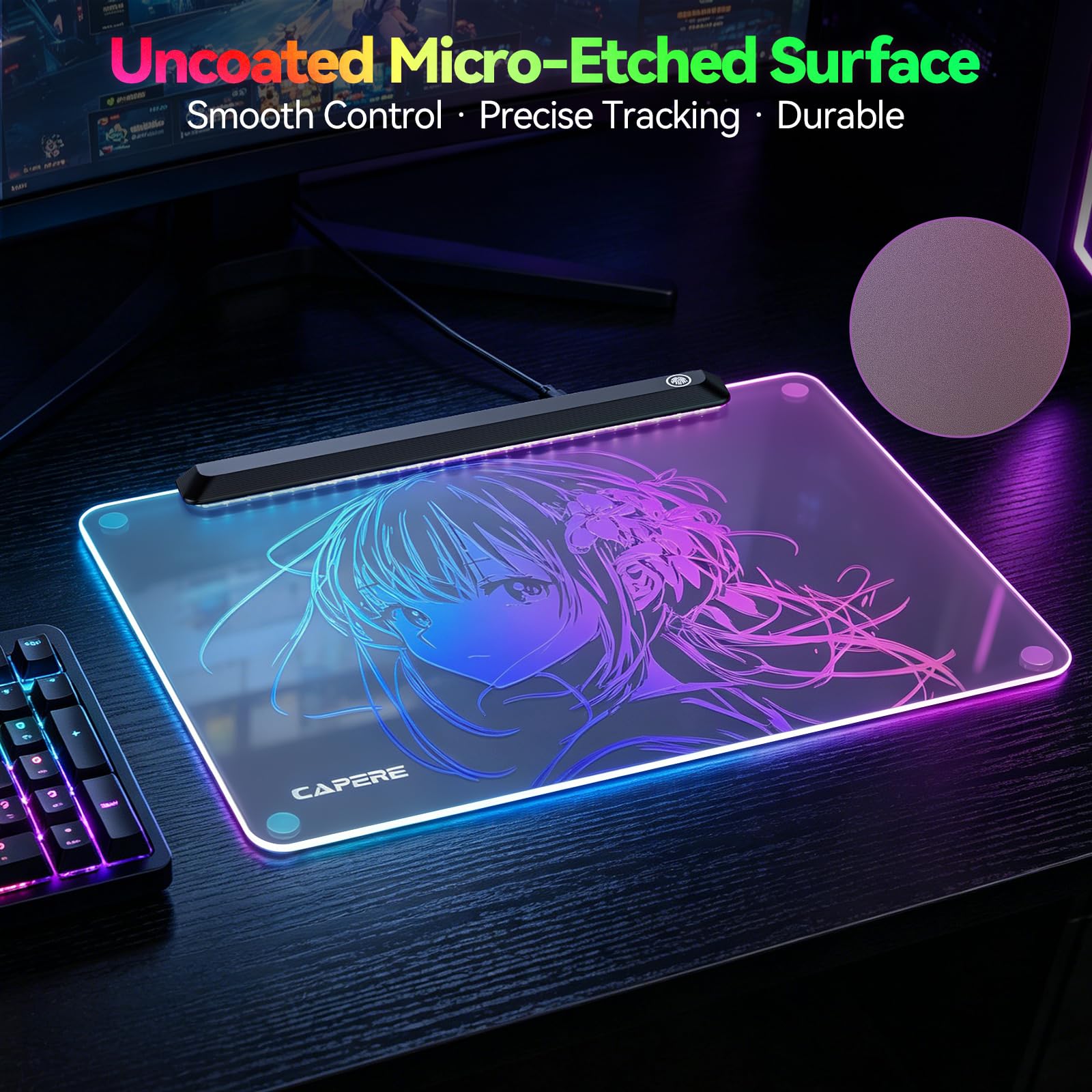 Alfombrilla de mouse RGB de vidrio templado, 13 modos de iluminación, hub USB 4 puertos, superficie micrograbada para velocidad y control máximos, alfombrilla de mouse dura para juegos FPS y