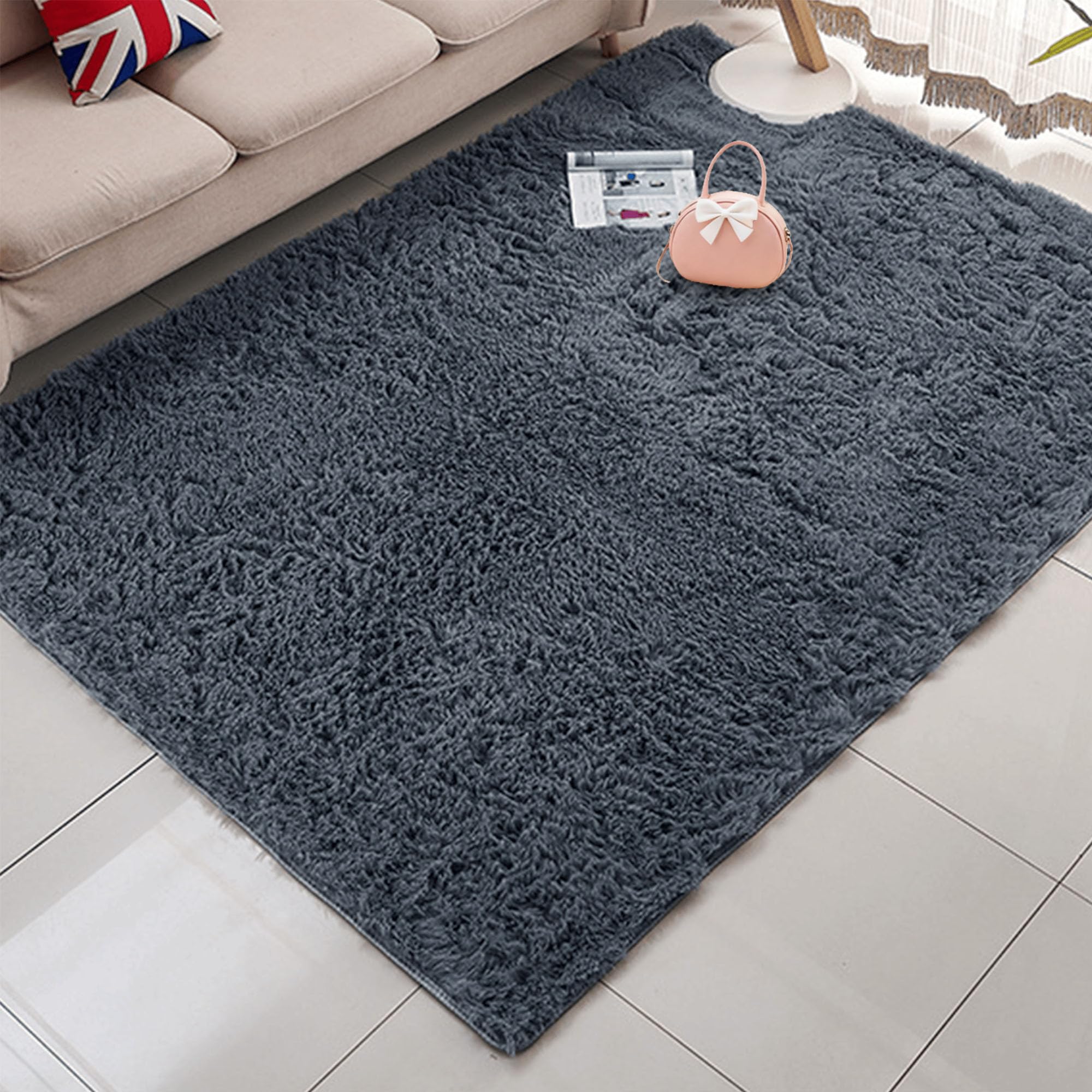 Tapis salon shaggy lavable 230 x 300 cm grand tapis moelleux gris foncé