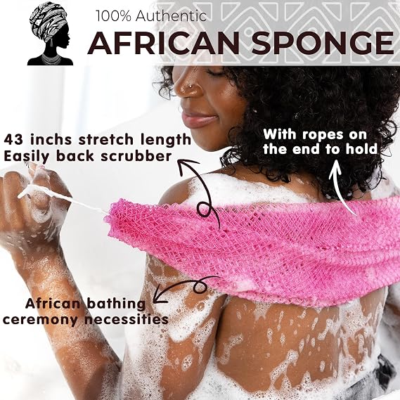 African Exfoliating Net Sponge Authentic - Real African Bath Sponge with Knots and Ropes - Back Scrubber Exfoliator Washer Cloth with Travel Bag - Body Shower Skin Care Essentials for Daily Use