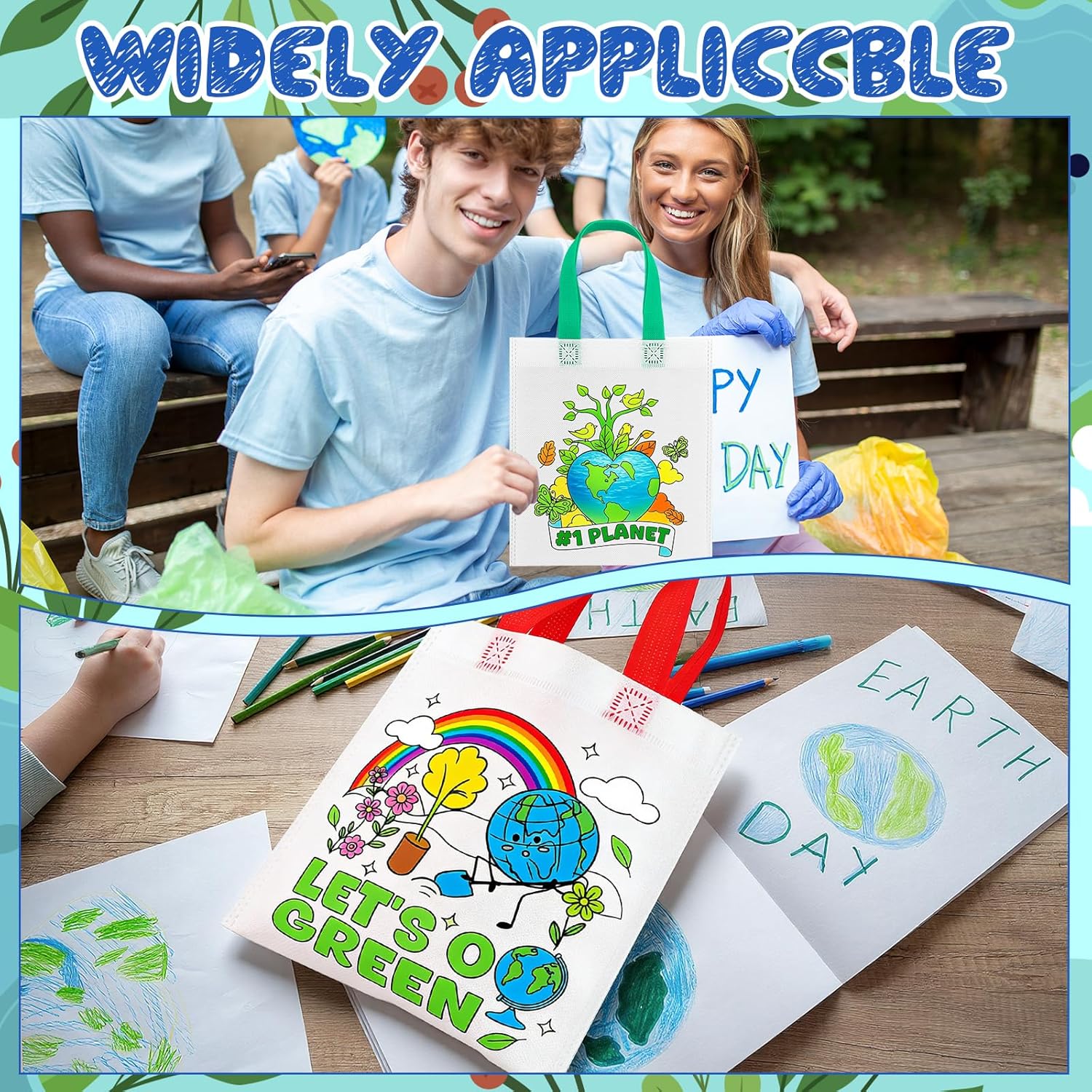 30 Pcs Earth Day Coloring Goodies Bags with Handle Earth Day Color Your Own Bags Bulk Green Ear-th Non Woven Coloring Tote Packet Ear-th D-ay Coloring Tote Bag for DIY Crafts Painting Party Supplies