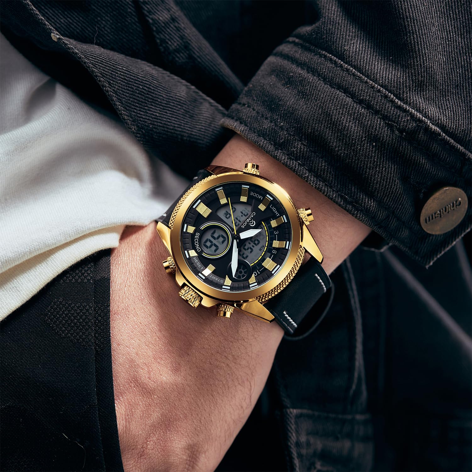 Orologio da uomo analogico digitale con doppio display, movimento al quarzo + elettronico, quadrante grande da 46 mm, resistente all'acqua fino a 30 m, cinturino in pelle e silicone