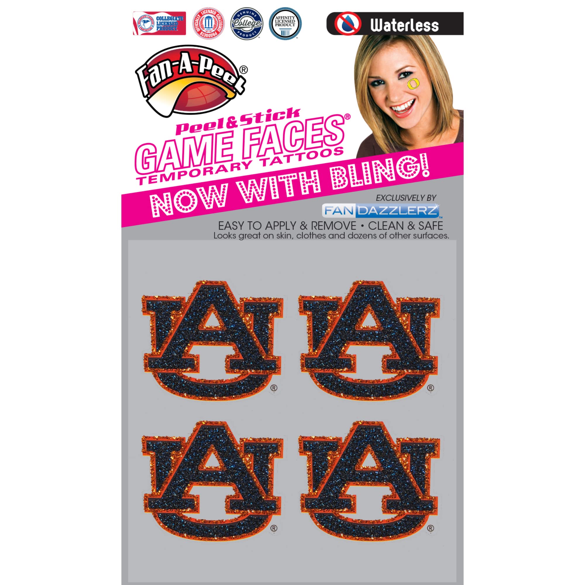 Fan-A-Peel Auburn Waterless Temporary Tattoos - Hypoallergenic Peel and Stick Waterproof Temporary Tattoos, Glitter - Officially Licensed