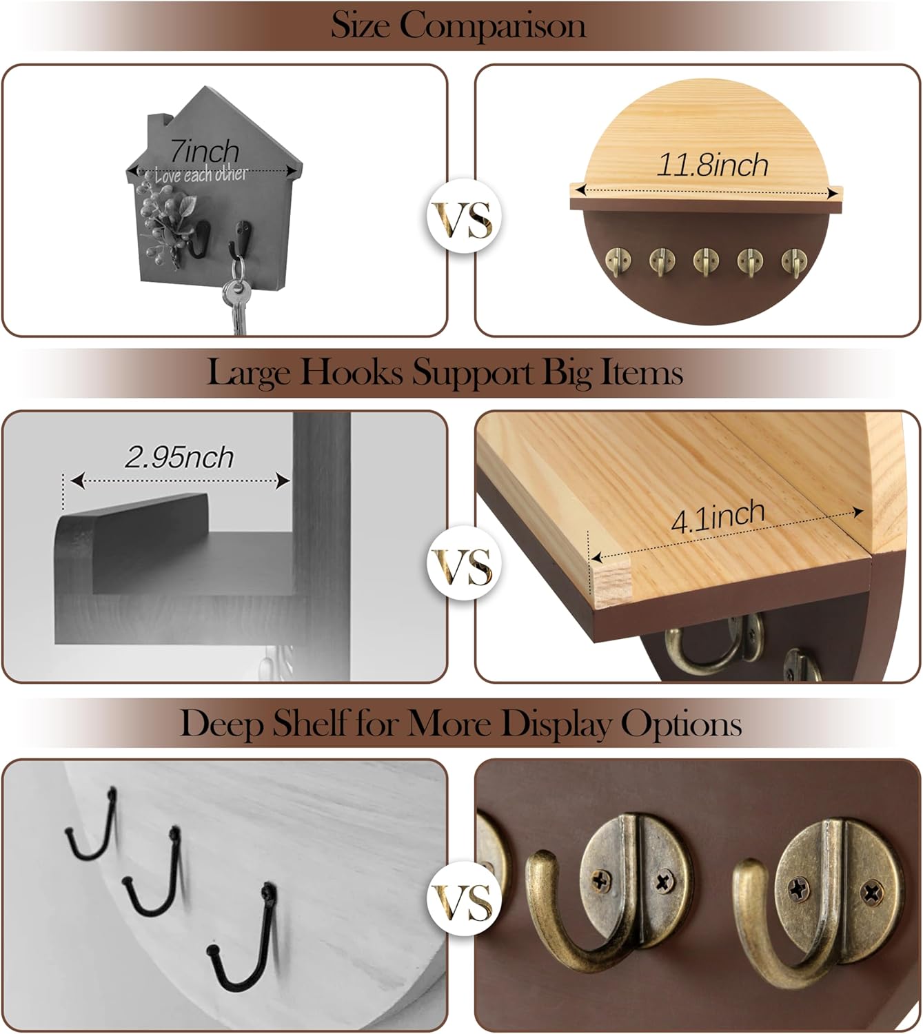 Gurfuy Key Holder for Wall with Shelf - Wood Mail Organizer and Rack with Shelf Hooks Wall Mounted for Entryway Decor Magazines Letter Storage Farmhouse Living Room Bedroom Doorway Brown