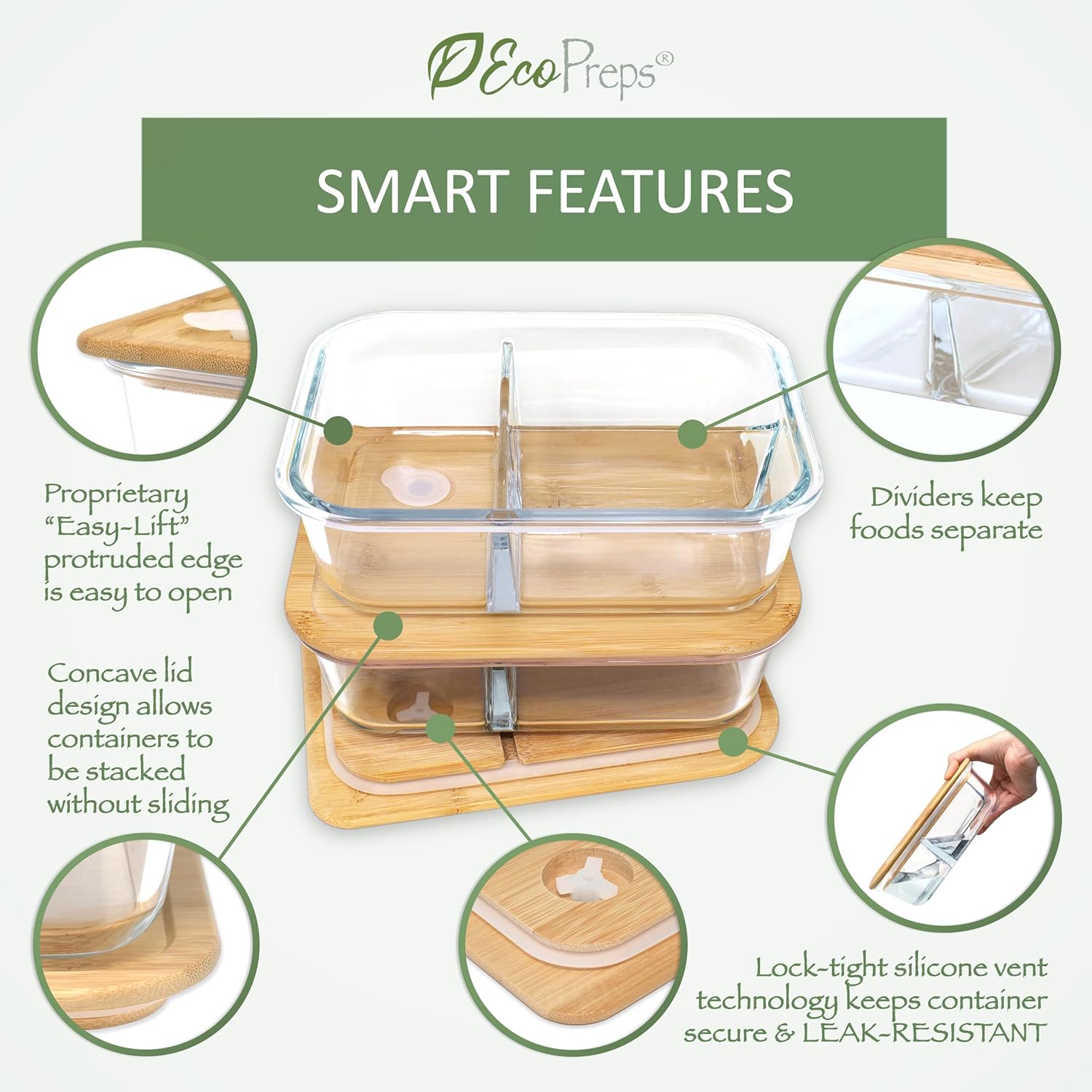 Large Glass Bento Box Containers with Bamboo Lids, 3 Compartment Glass Meal Prep Container Set (2 Pack, XL) - 100% Plastic Free, Eco-Friendly Lunch Containers, Bento Boxes for Adults - Image 4
