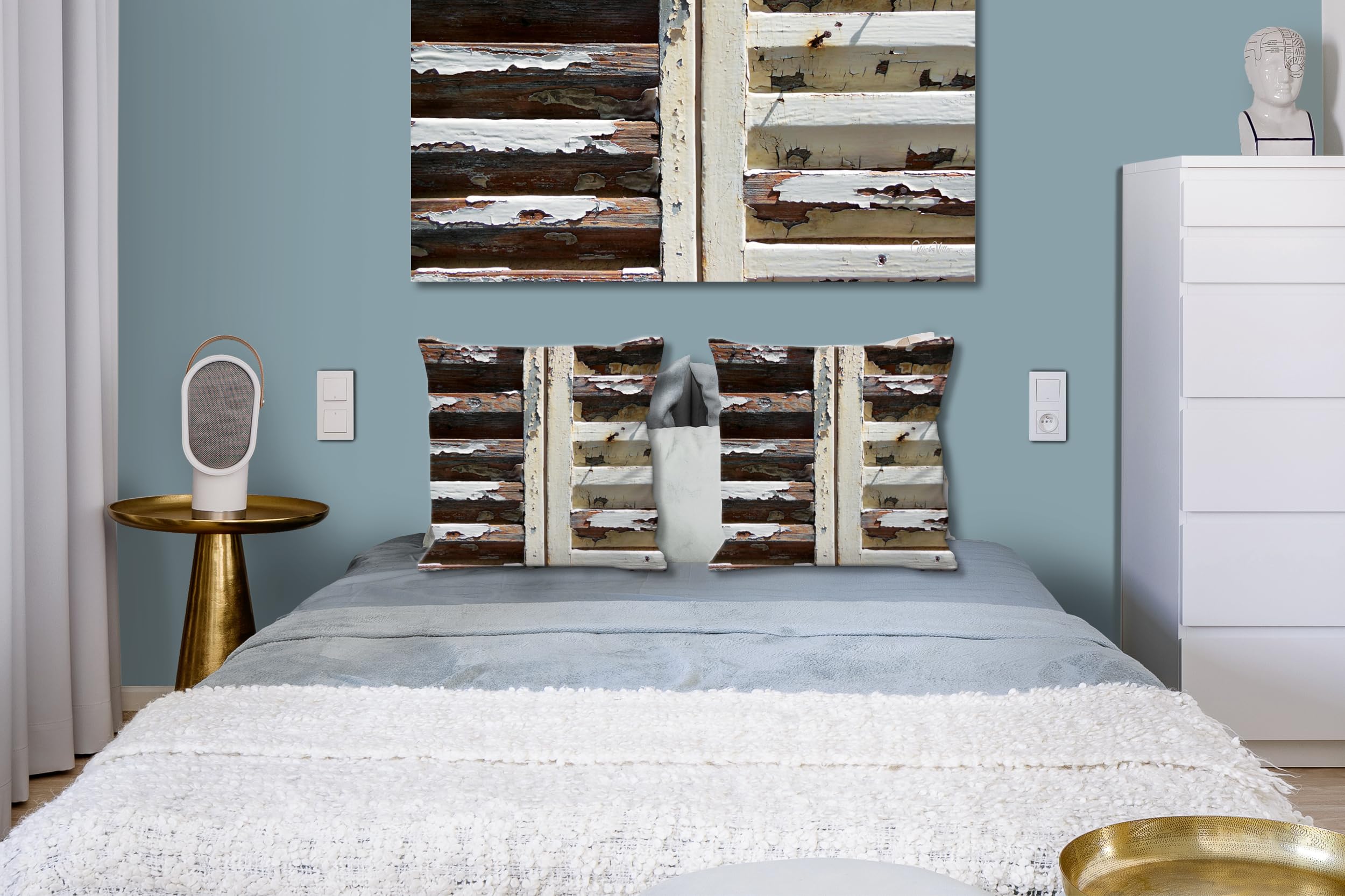 Fensterladen - Foto-Kissen-Hülle Set (2 STK.) 40 x 40 cm | Kissen-Bezüge - passend zu Wandbild - Deko-Kissen - Holz Struktur Wand Tür
