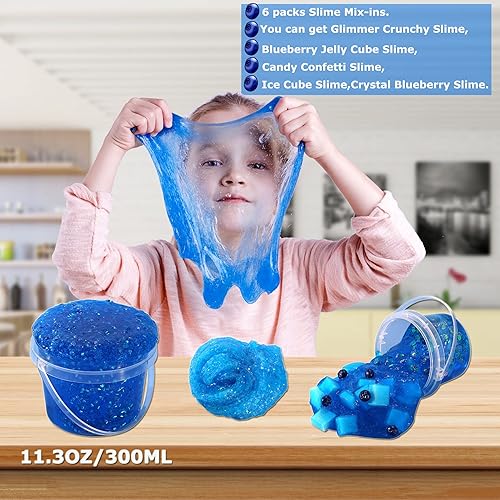 Miniatura 2 de Slime de cristal prefabricado con forma de cubo de gelatina azul arándano, incluye 6 juegos de complementos de slime, recuerdos de fiesta para