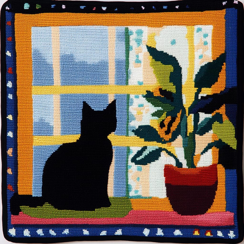 DIY Punch Needle Pillow Kit Cat and Window with Pattern and Hoop Handmade Embroidery Punch Needle Starter Pillowcase Making Set for Home Sofa Decoration 43x43cm-6