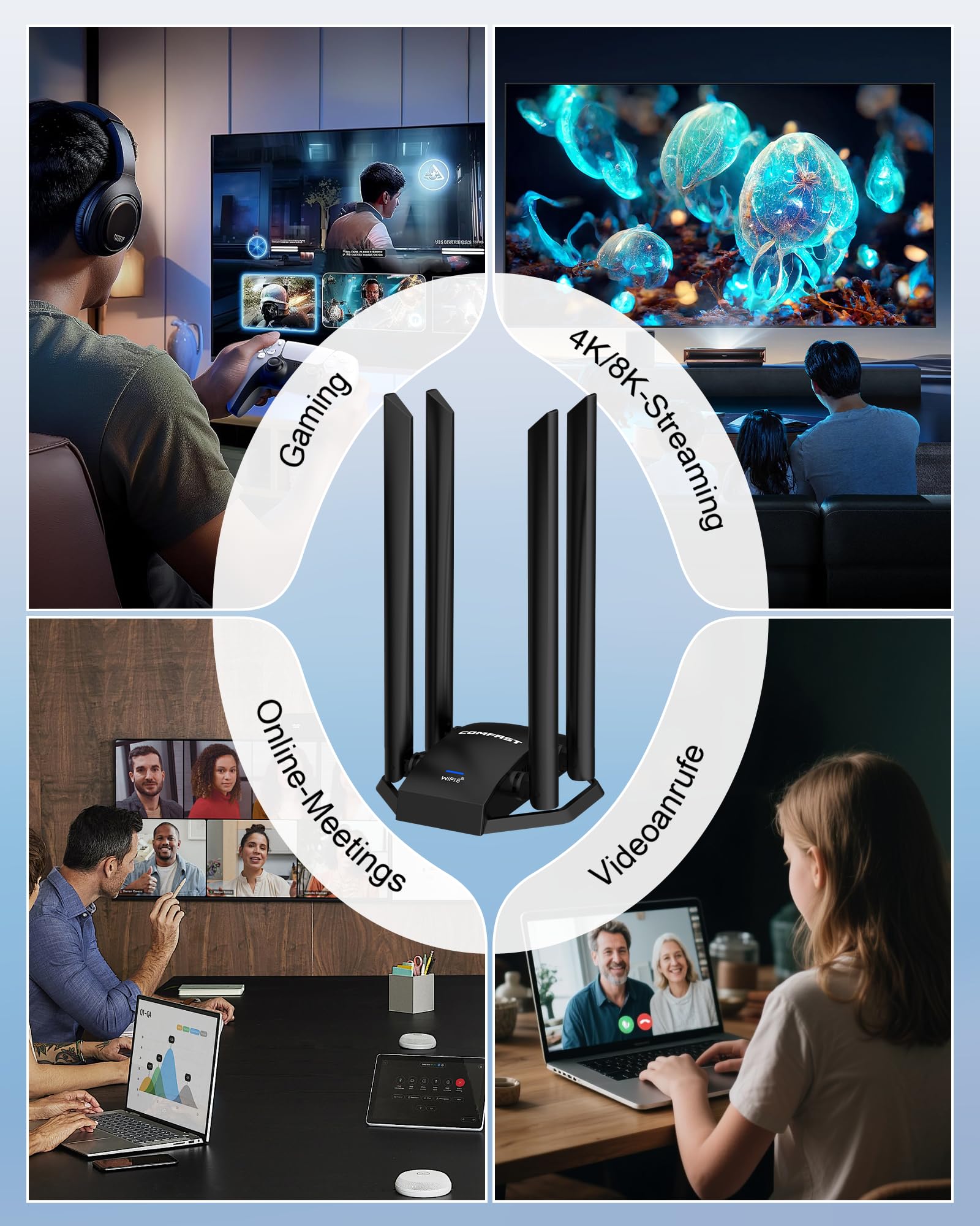 COMFAST WiFi 7 USB WLAN Stick WLAN Adapter 6500Mbit/s Tri-Band, 4X High-Gain Antennen, OFDMA/MU-MIMO, WPA3 Sicherheit, mit Verlängerungskabel für Flexible Positionierung, Plug&Play Windows 10/11