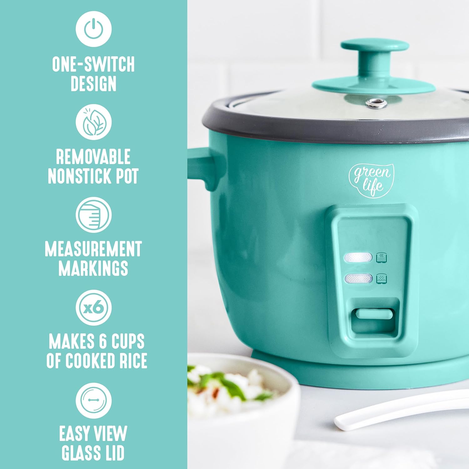 GreenLife Rice Cooker with Removable PFAS-Free Ceramic Nonstick Pot, 3-Cups Uncooked/6-Cups Cooked, Grains & Oatmeal Multicooker, Compact One-Switch Design, Auto Keep Warm, Easy Clean, Turquoise