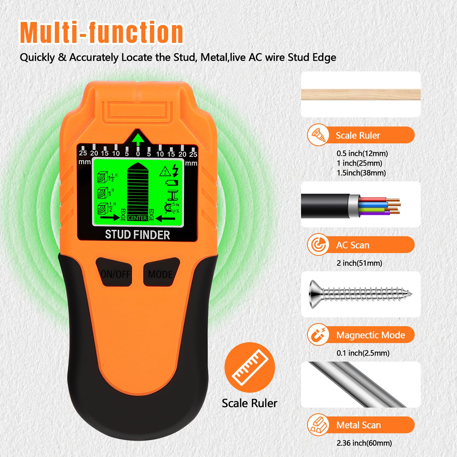 Détecteur de Cable électrique 6-en-1 avec Écran LCD et Alerte Sonore, Scanner Mural Haute Précision pour Métal, Tuyaux et Fils (Orange)