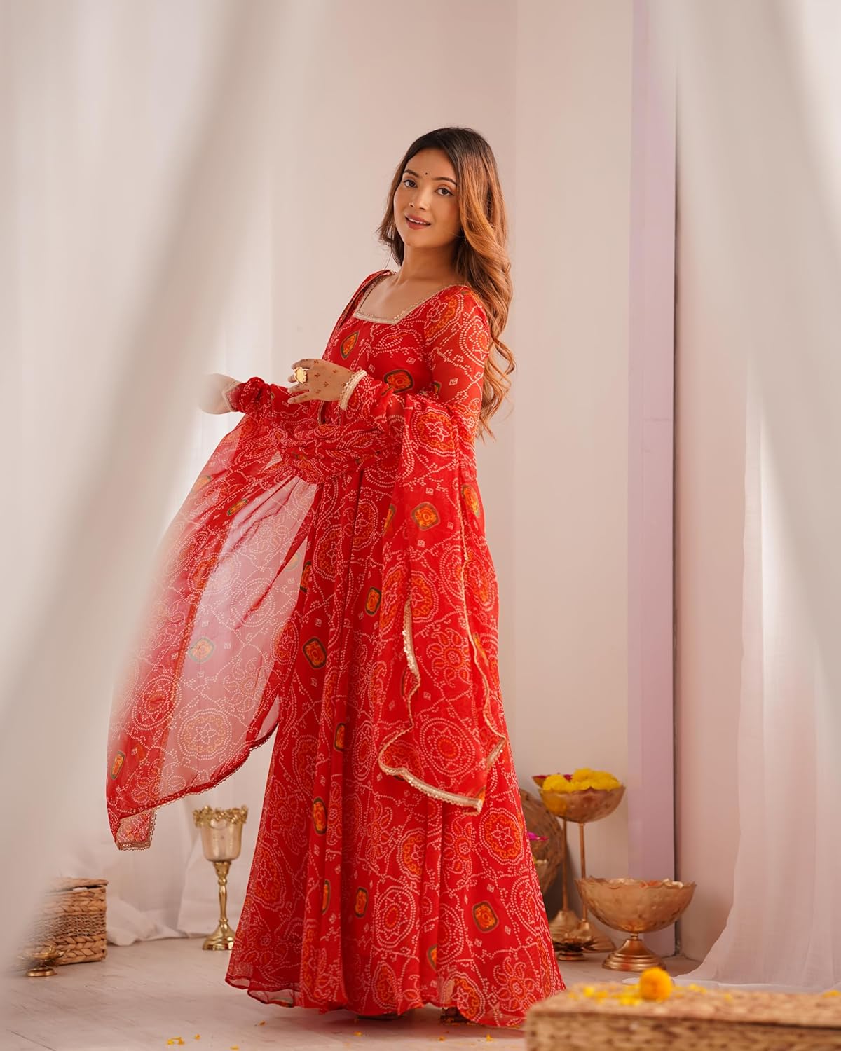 Shiv Collection Indian Style Pure Soft Chiffon Bandhej Fully Flair Gown Set for Women ready to wear