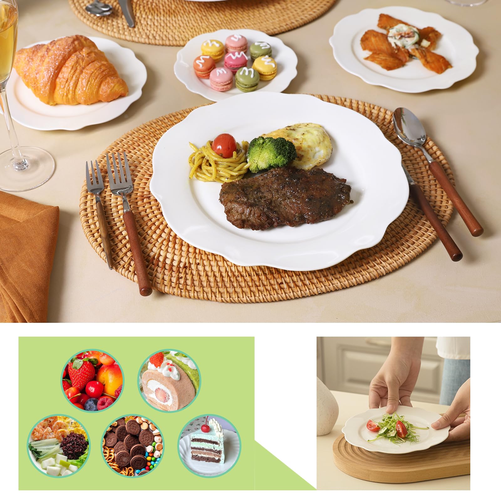 Piatti piani da insalata in porcellana con bordo largo 26 cm, 8 pezzi, a forma di foglia di loto, piatti per pasta/pasta, bordo ondulato, resistenti ai graffi, adatti a microonde, forno e