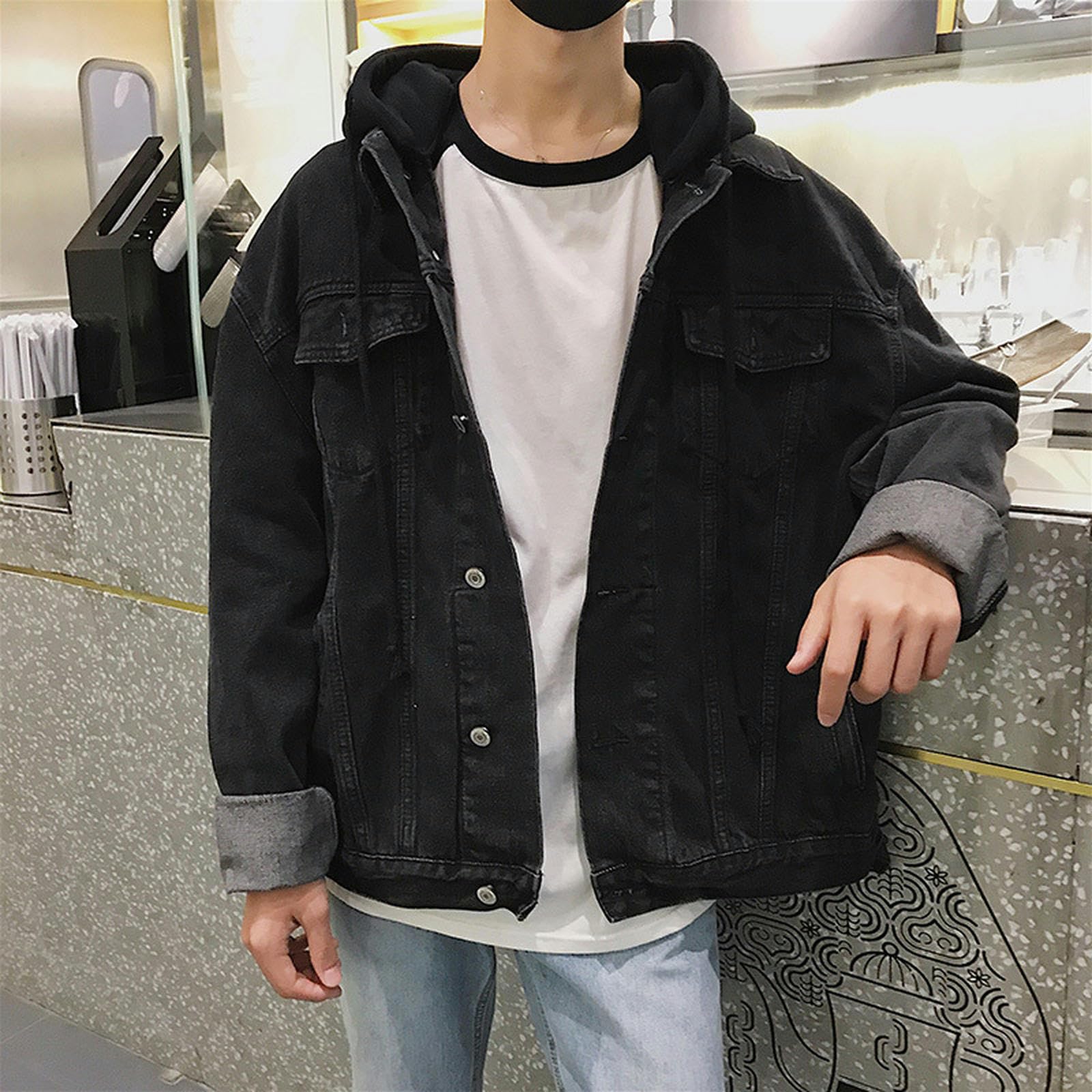 AYAZER Giacca in denim con cappuccio stile Hong Kong da uomo ampia giacca Harajuku versatile in stile coreano