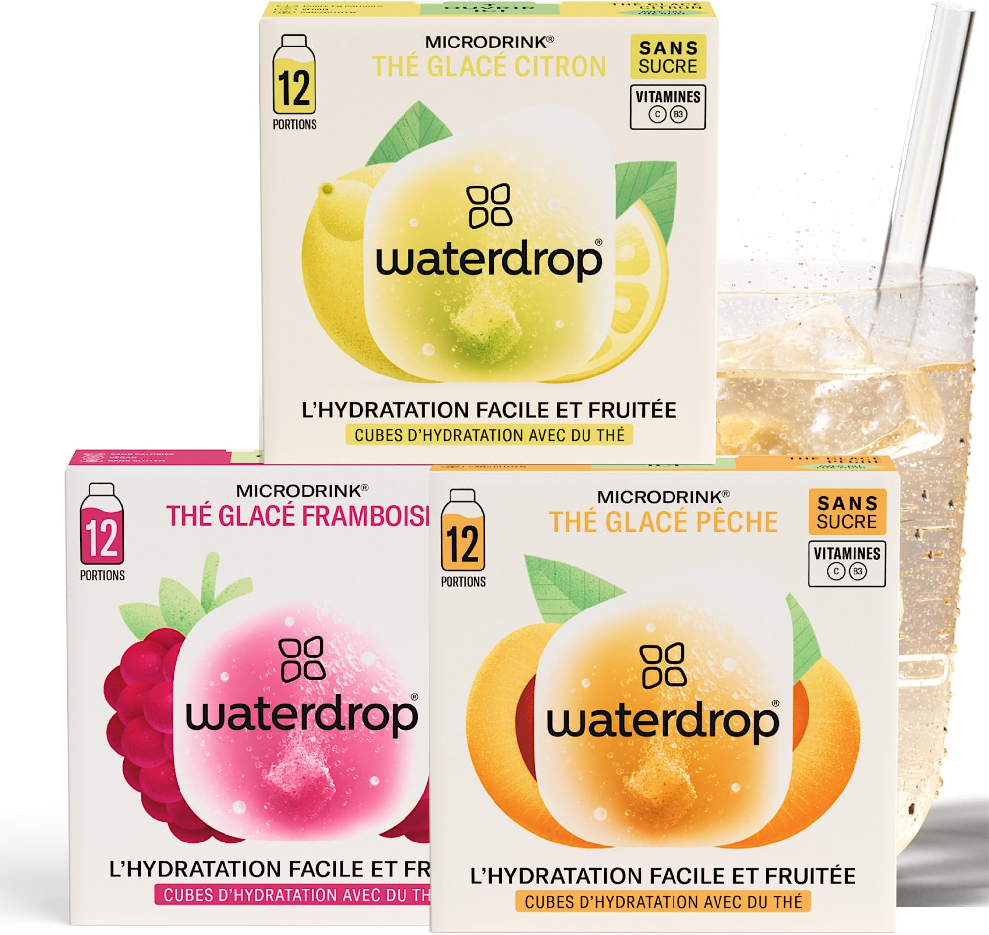 waterdrop® Microdrink Iced Tea Set | 36 Ice Tea Drops Cubes | Zero Sugar Powder | 3 Fruity Varieties: Black Tea + Peach, Green Tea + Lemon, Black Tea + Raspberry | Valuable Vitamins
