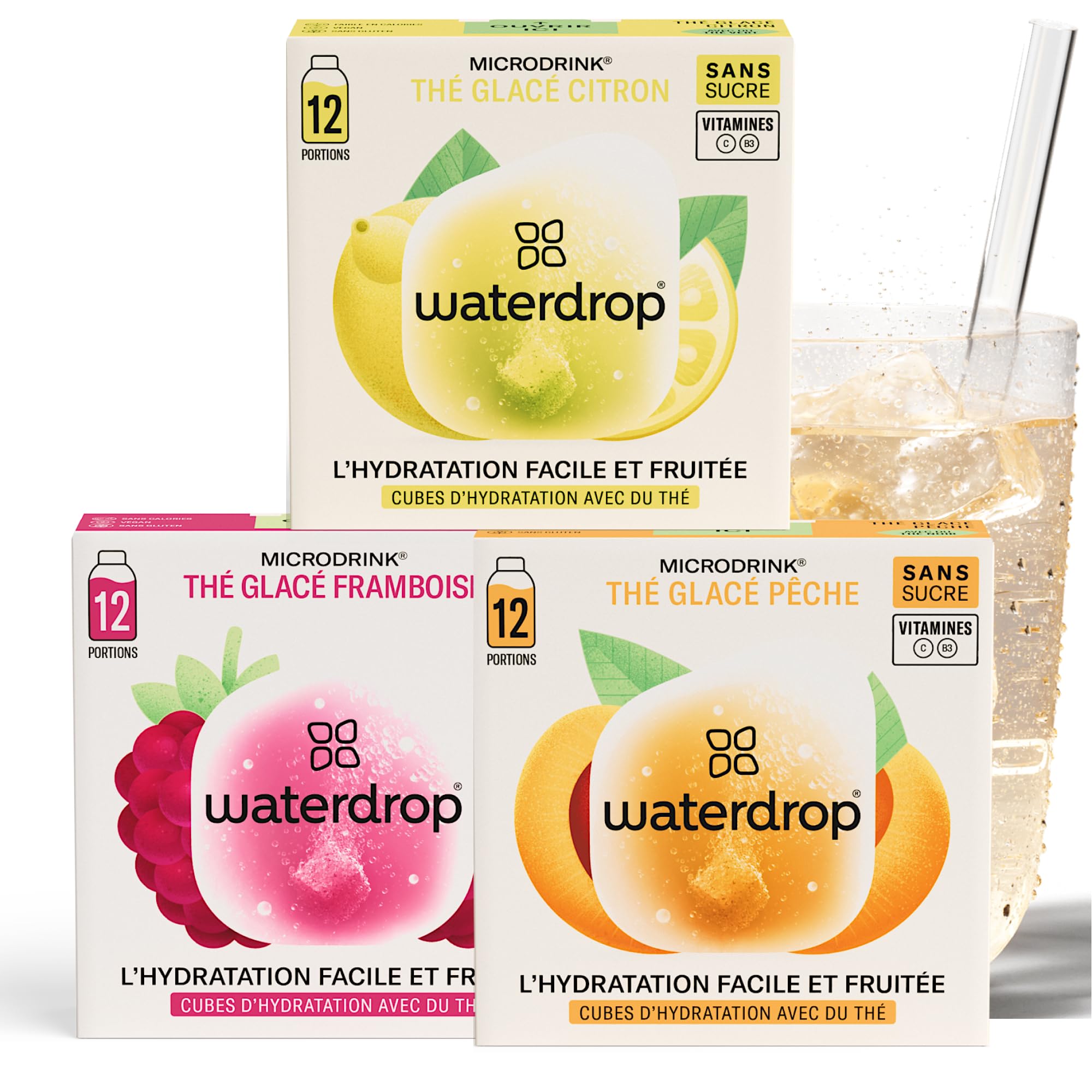 waterdrop® Microdrink Iced Tea Set | 36 Ice Tea Drops Cubes | Zero Sugar Powder | 3 Fruity Varieties: Black Tea + Peach, Green Tea + Lemon, Black Tea + Raspberry | Valuable Vitamins